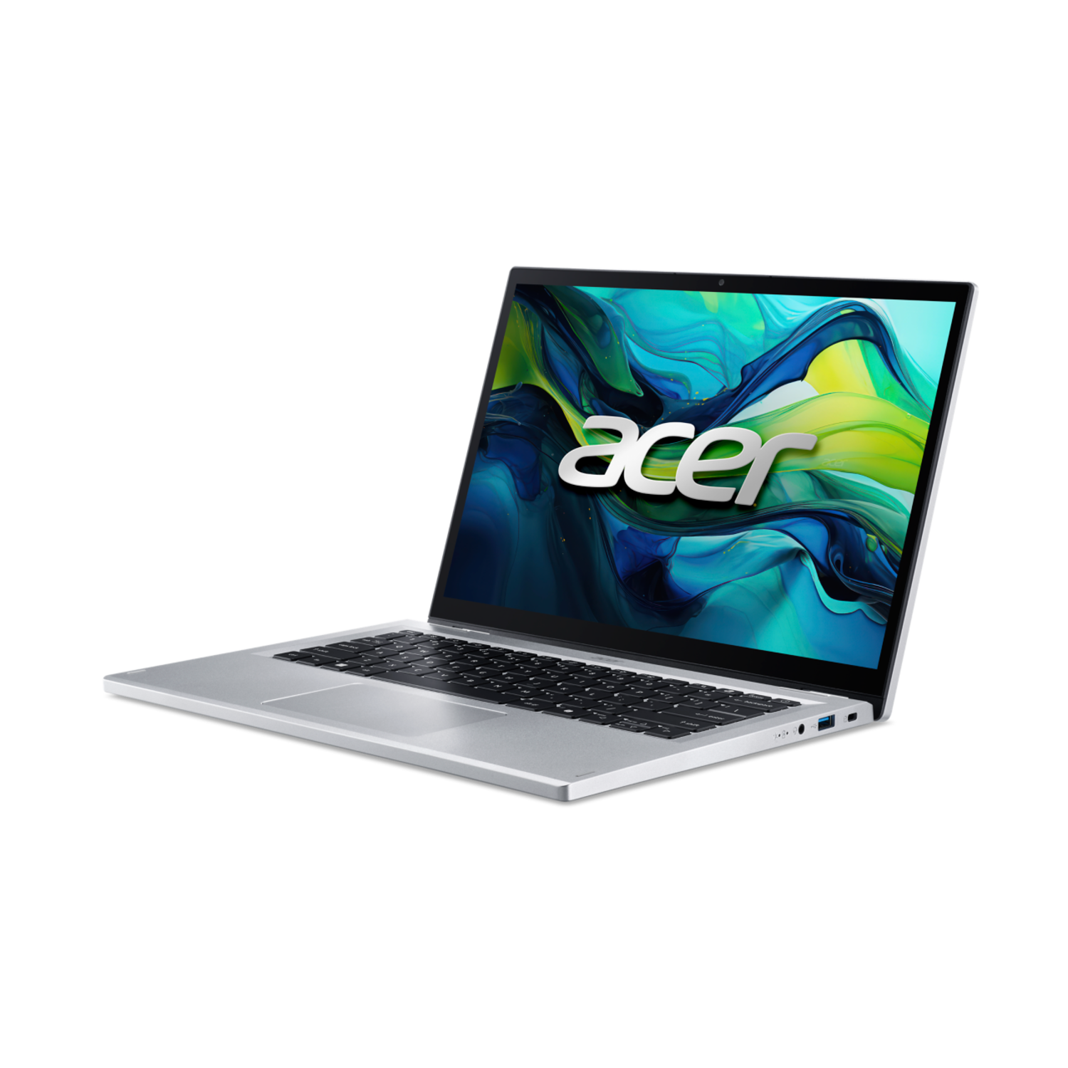 Silver Acer laptop with a light background. The screen is on, showing a colorful interface and the Acer logo.