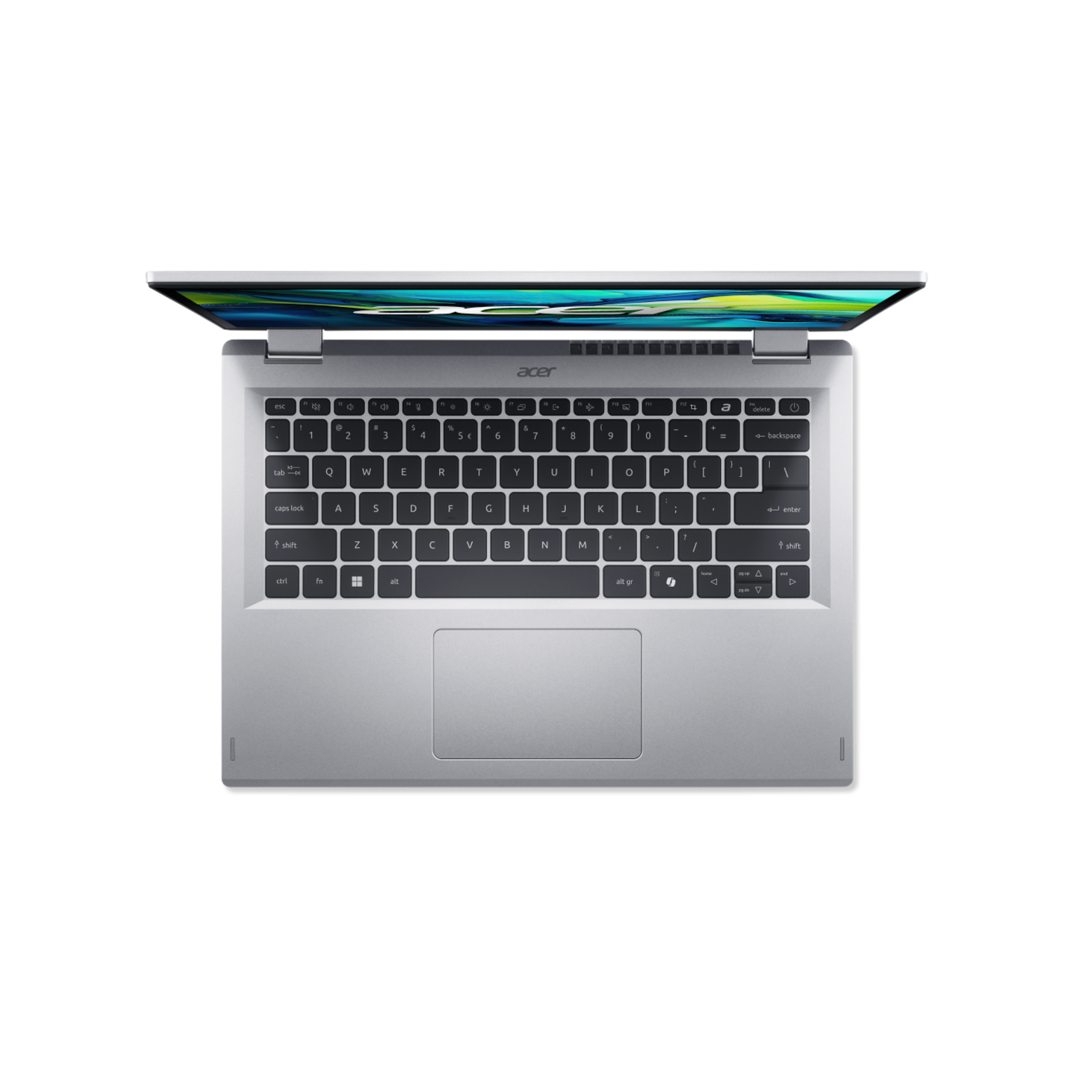 Top-down view of an Acer laptop with the screen open, keyboard visible, black background.