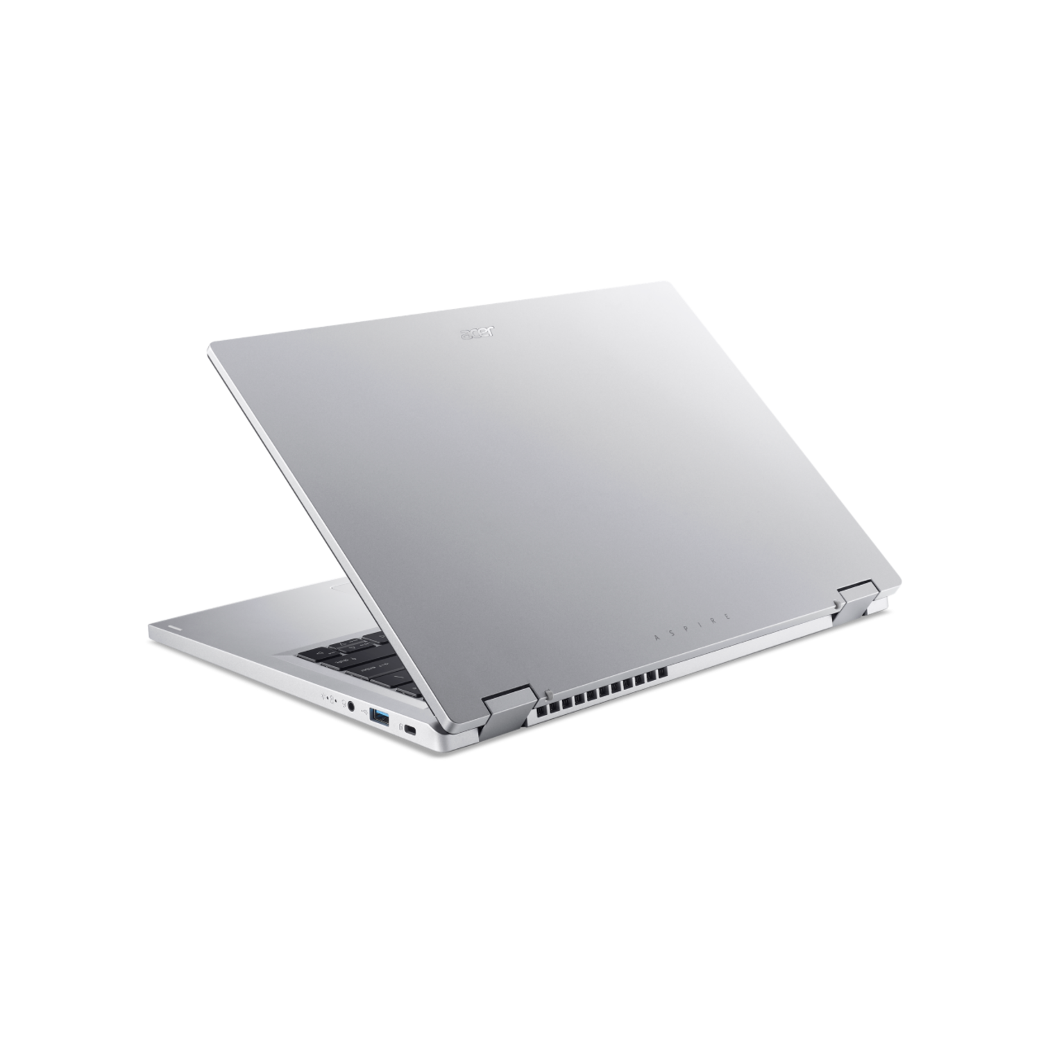 Back view of a silver laptop with an open screen, black background.