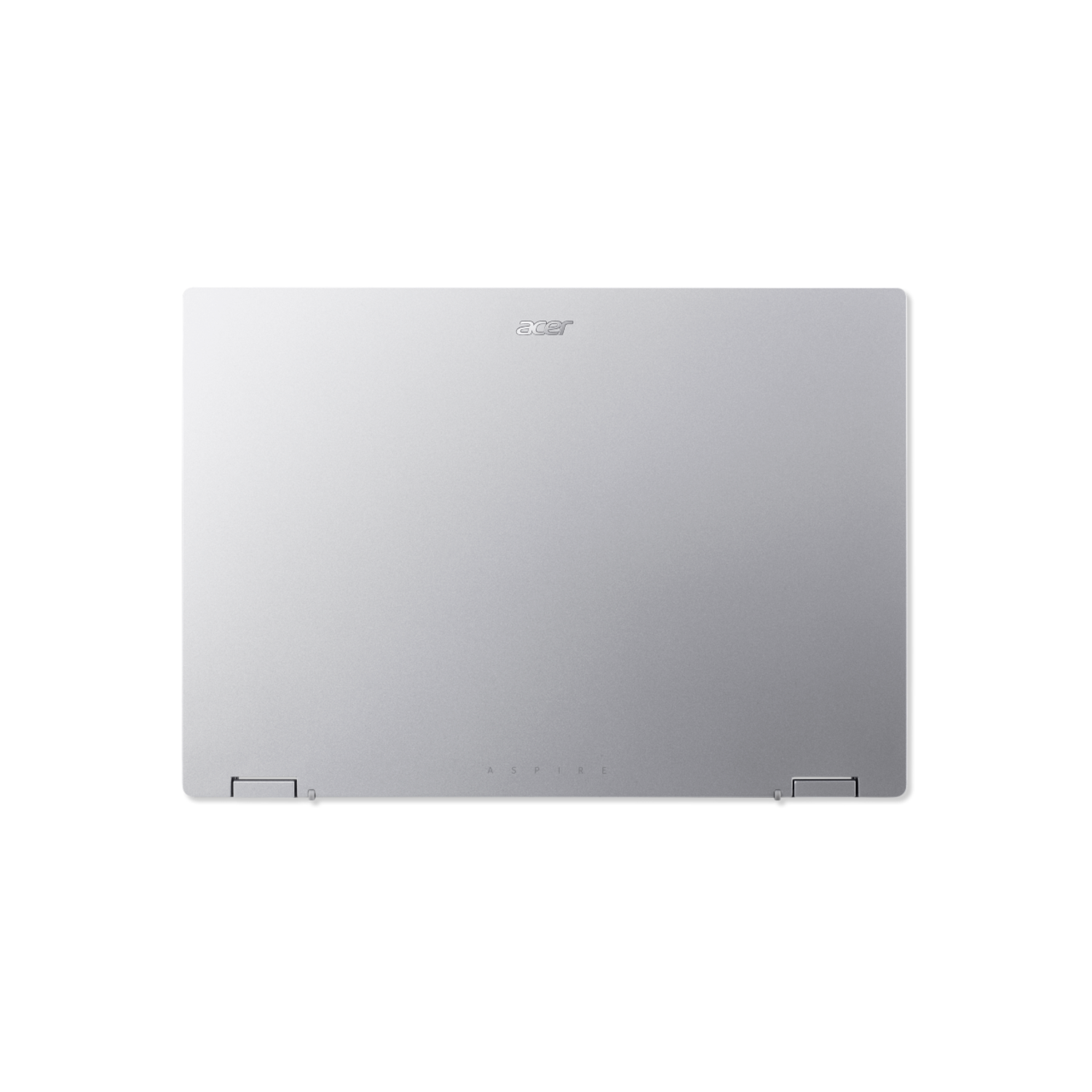 Acer laptop, closed and silver, top view. Acer logo in the center, on a black surface.