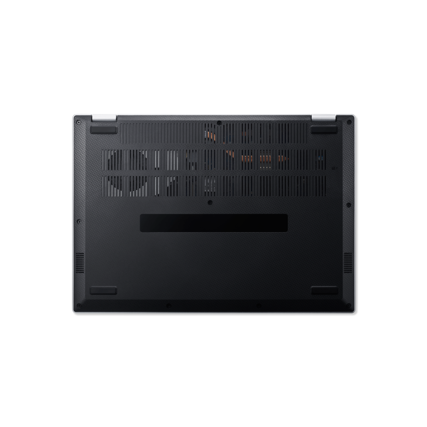 The bottom of a black laptop, showing vents, screws, and feet on a black background. The Acer logo is visible.