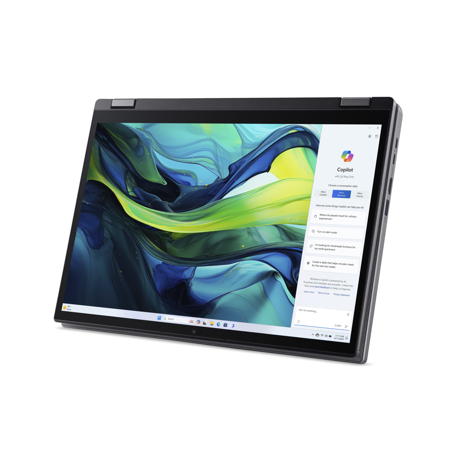 Acer laptop open, display shows Windows Copilot interface. Laptop on a black surface.