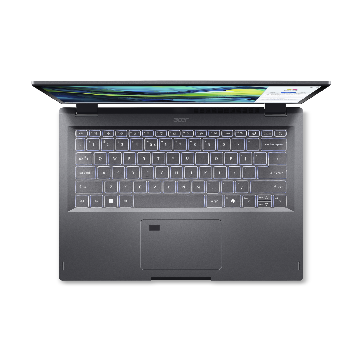 An overhead shot of a laptop with a lit keyboard.