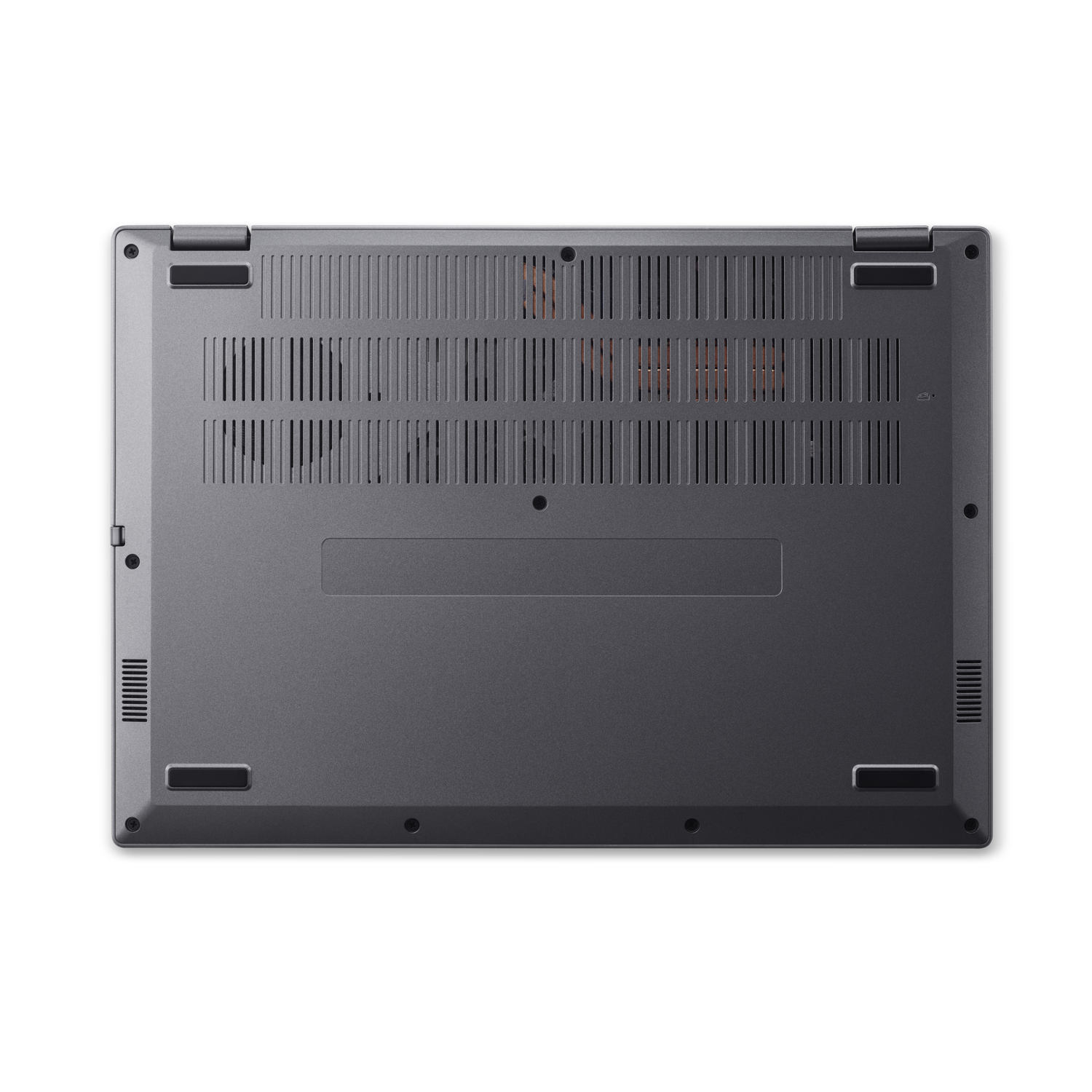 Bottom of a silver laptop, with vent holes and a smooth surface. Black background.