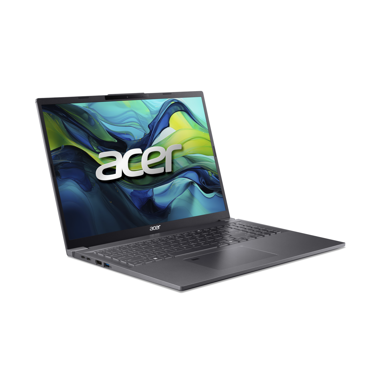 Laptop on black. Acer logo visible, screen displays a colorful image.