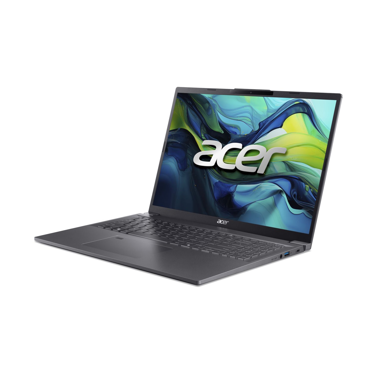 Laptop on a black surface, open with the Acer logo on the screen.