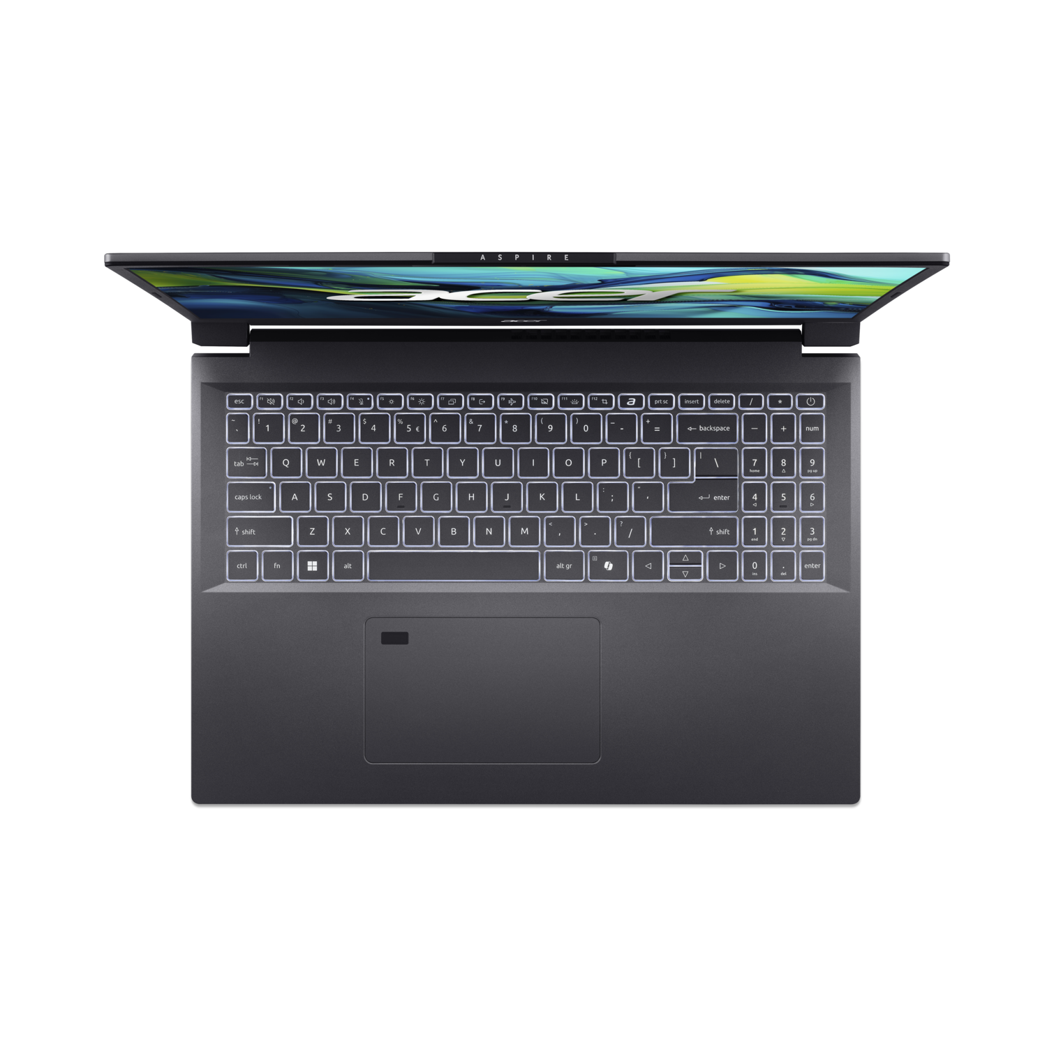 Top view of a laptop with a lit keyboard. Black background.