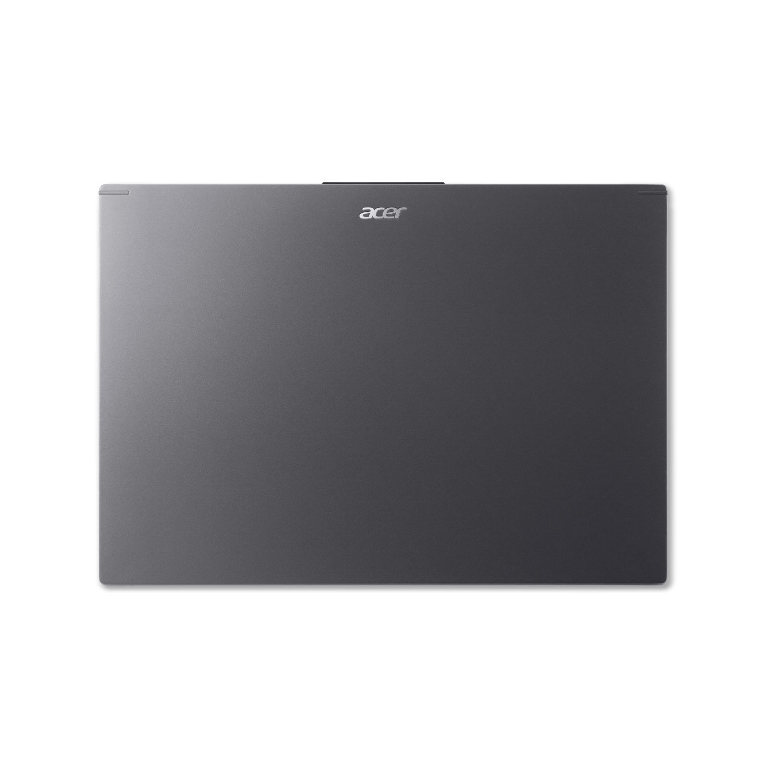 Top view of a dark gray laptop on a black background, showing the Acer logo.