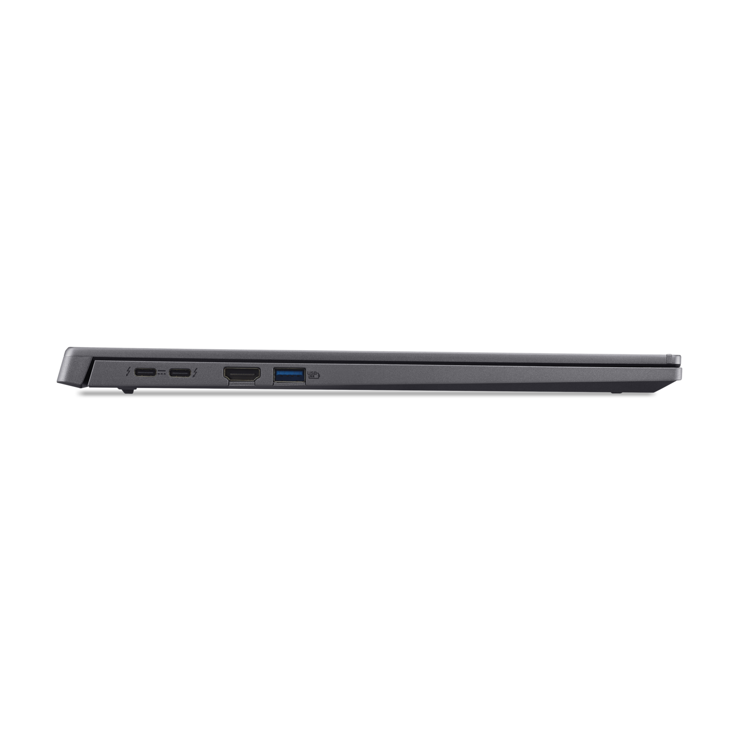 A side view of a dark gray laptop showing ports and a sleek design.