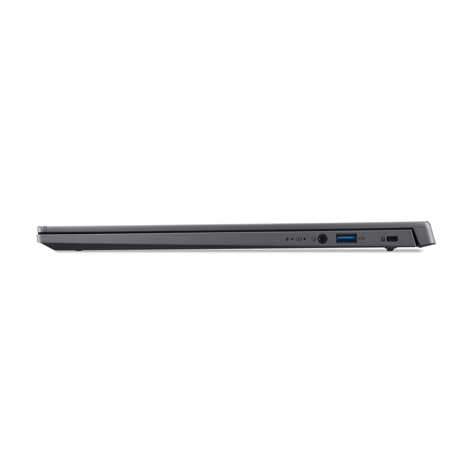 Side view of a gray laptop with ports visible. Black background.