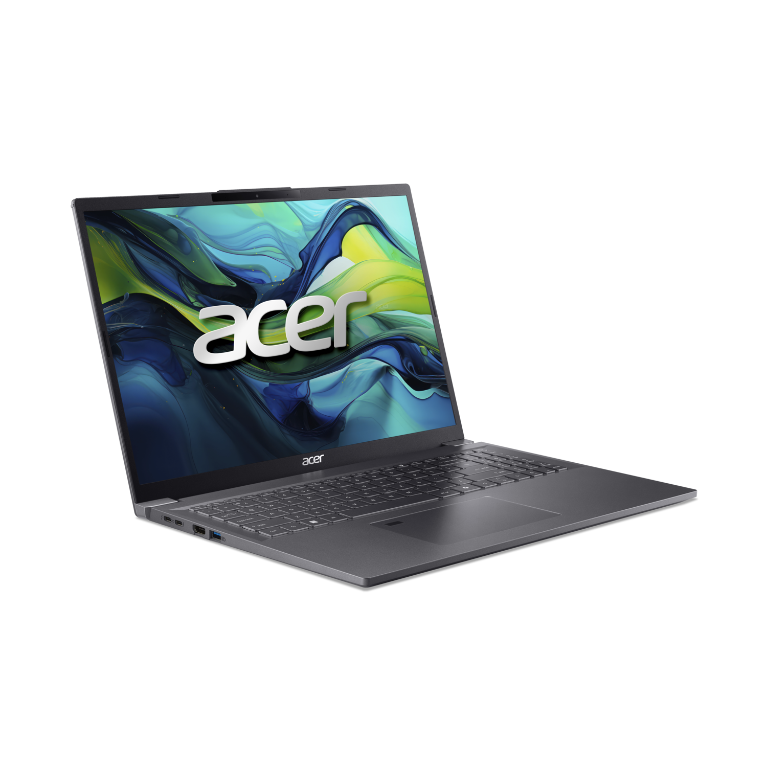 Een grijze Acer laptop op een zwarte achtergrond. Het scherm toont een kleurrijke afbeelding. Het Acer-logo is zichtbaar.