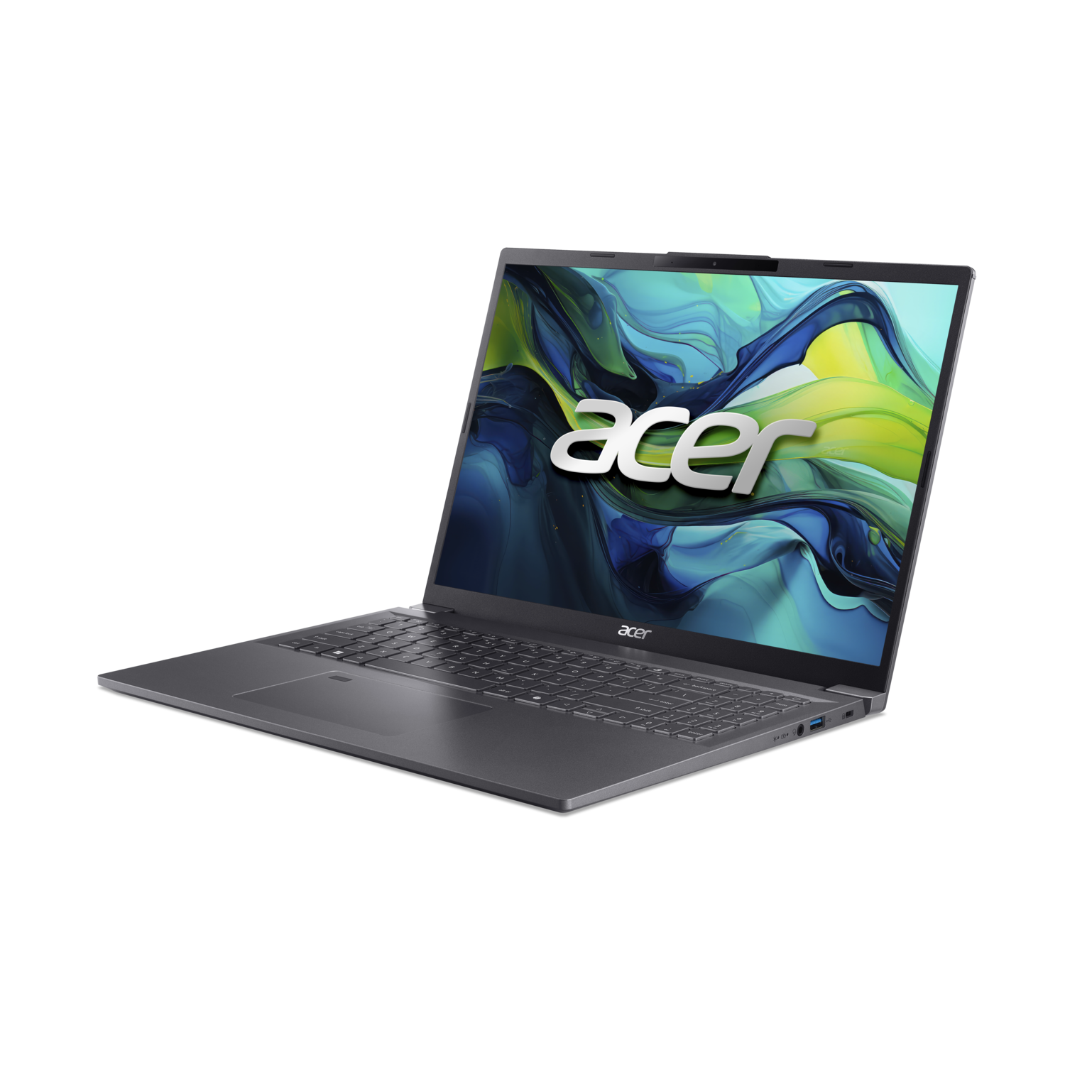 Acer laptop met het scherm open, met een kleurrijk display tegen een zwarte achtergrond.