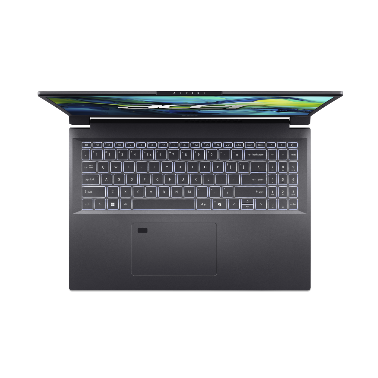 Een laptop met een verlicht toetsenbord en een open scherm, van bovenaf gezien.