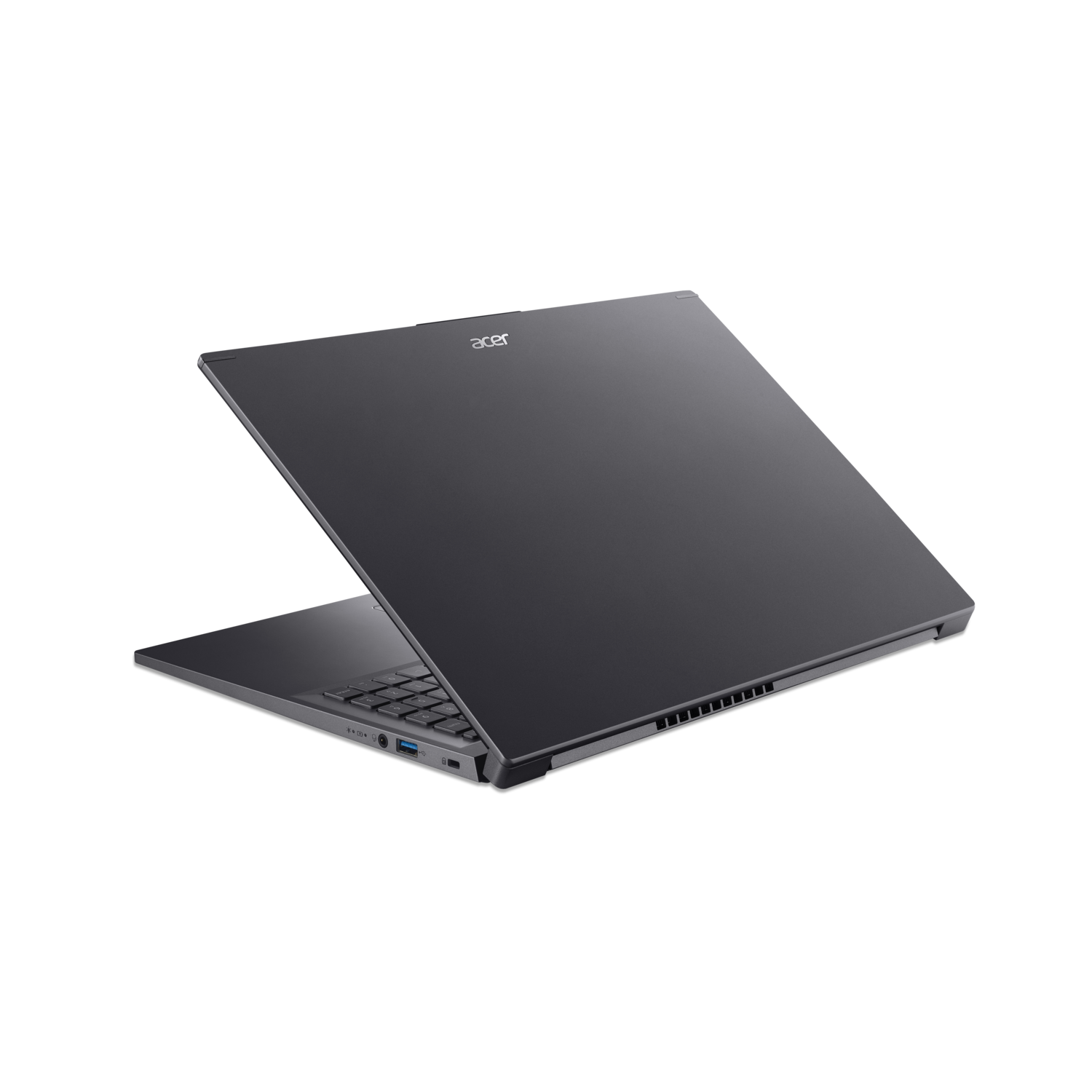 Schuine weergave van een donkergrijze laptop op een zwarte achtergrond, open.