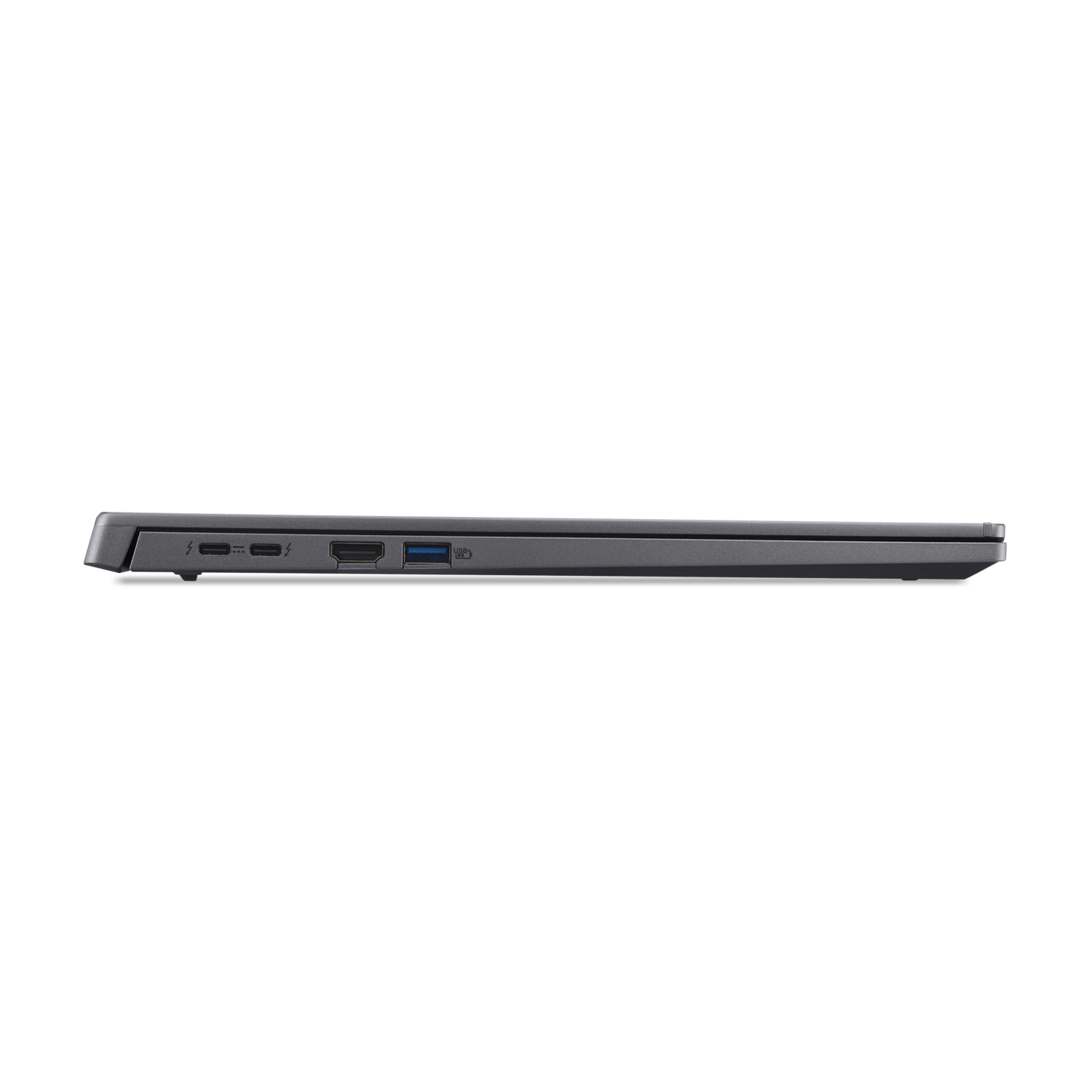 Zijaanzicht laptop. Poorten zichtbaar: USB, HDMI en anderen. Zwarte achtergrond.