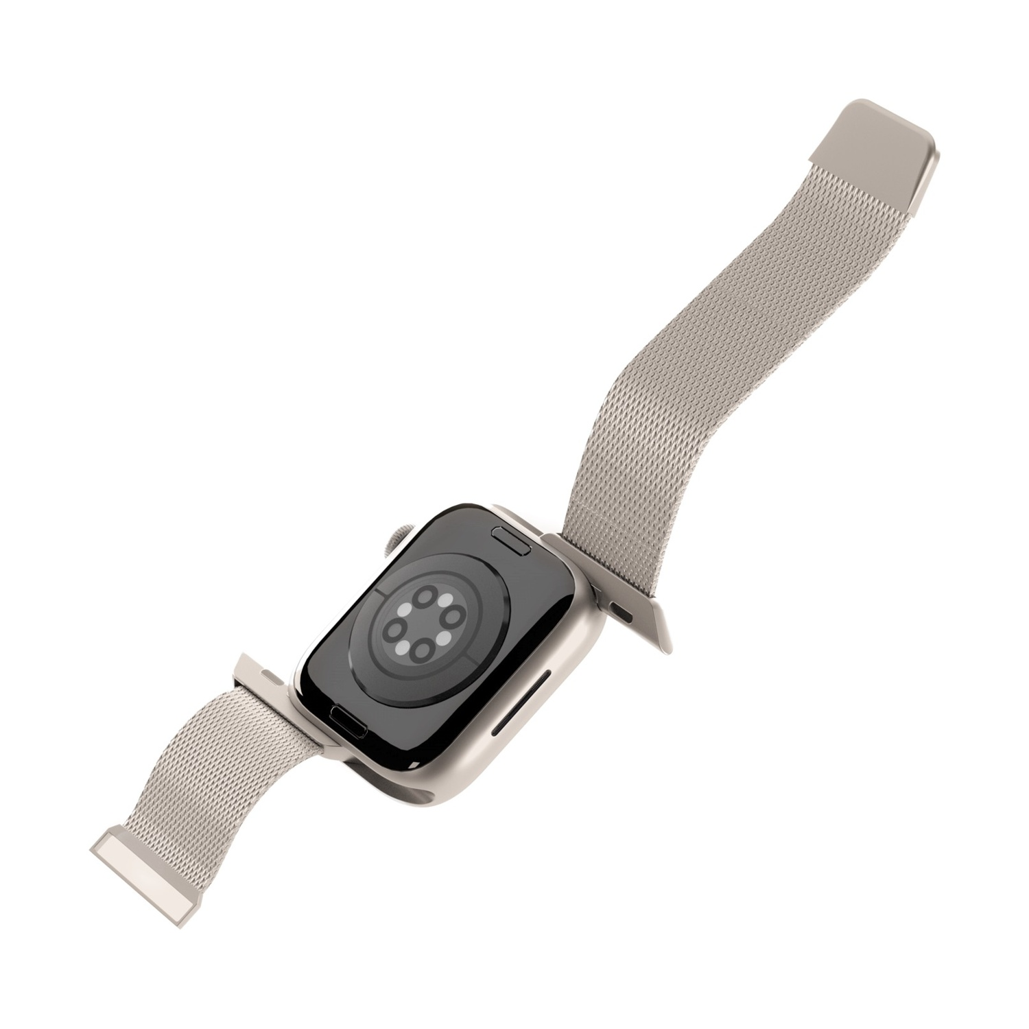 Retro di un Apple Watch argento con cinturino a maglia. Mostra il sensore di frequenza cardiaca.