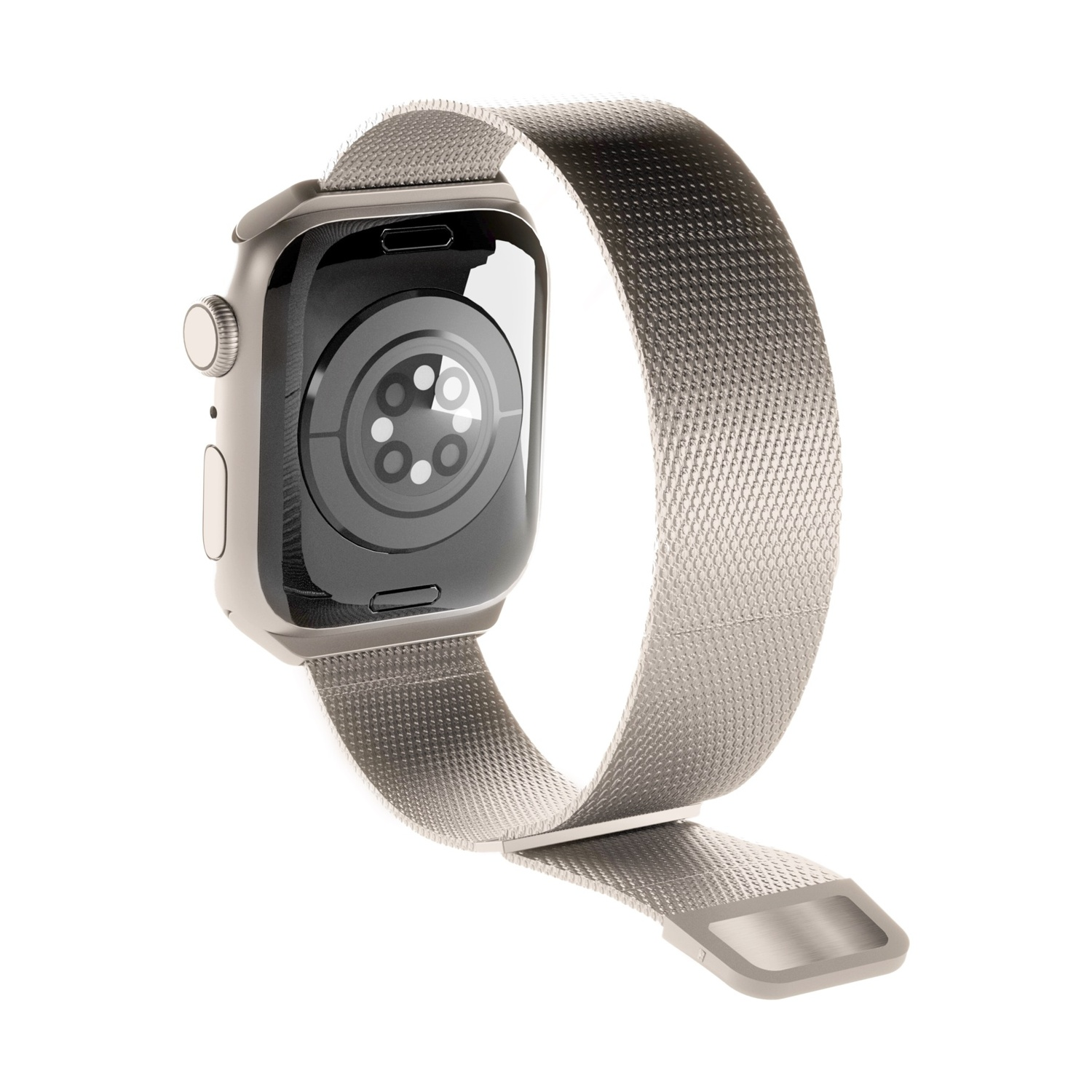 Smartwatch argentato con cinturino in metallo, visto da dietro. L'orologio è su una superficie bianca.