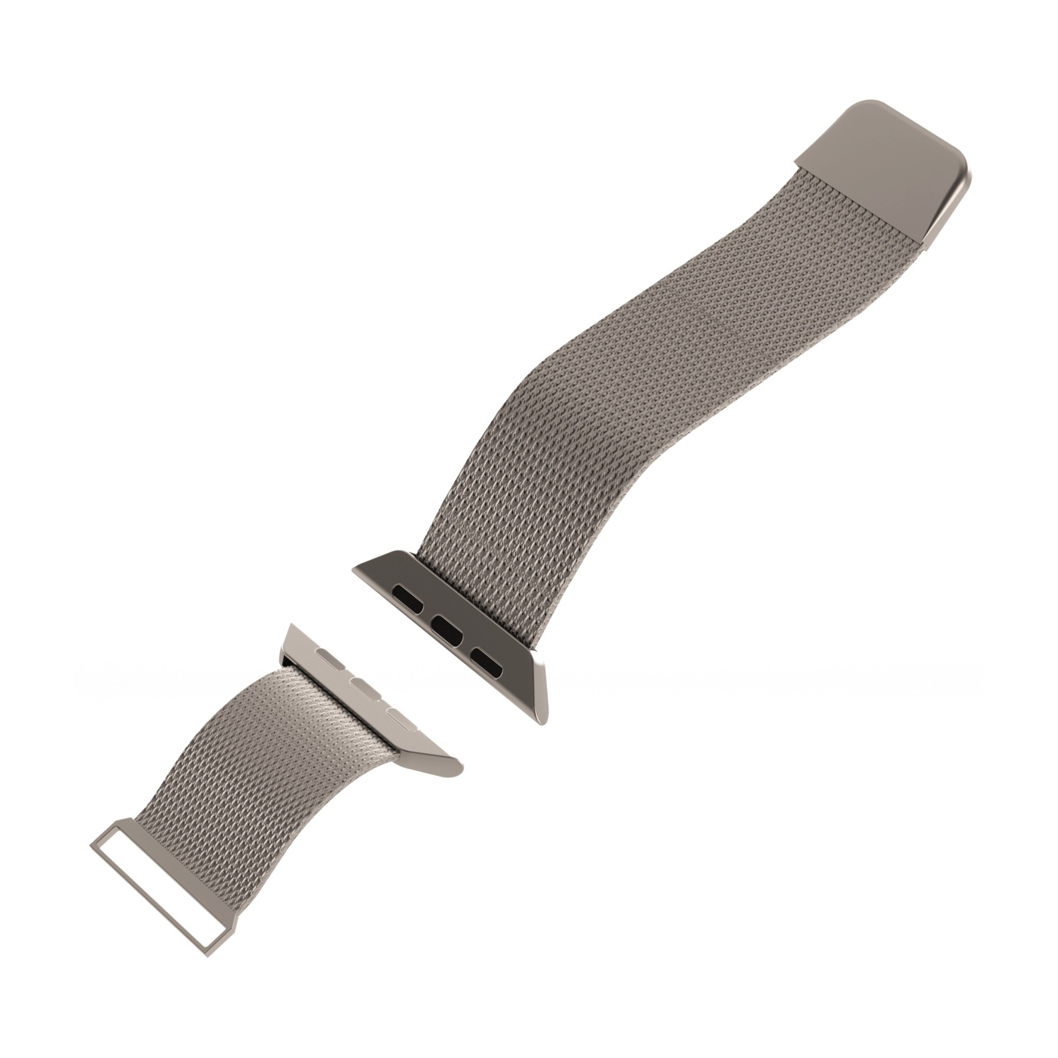 Cinturino in metallo grigio, aperto, su sfondo bianco.