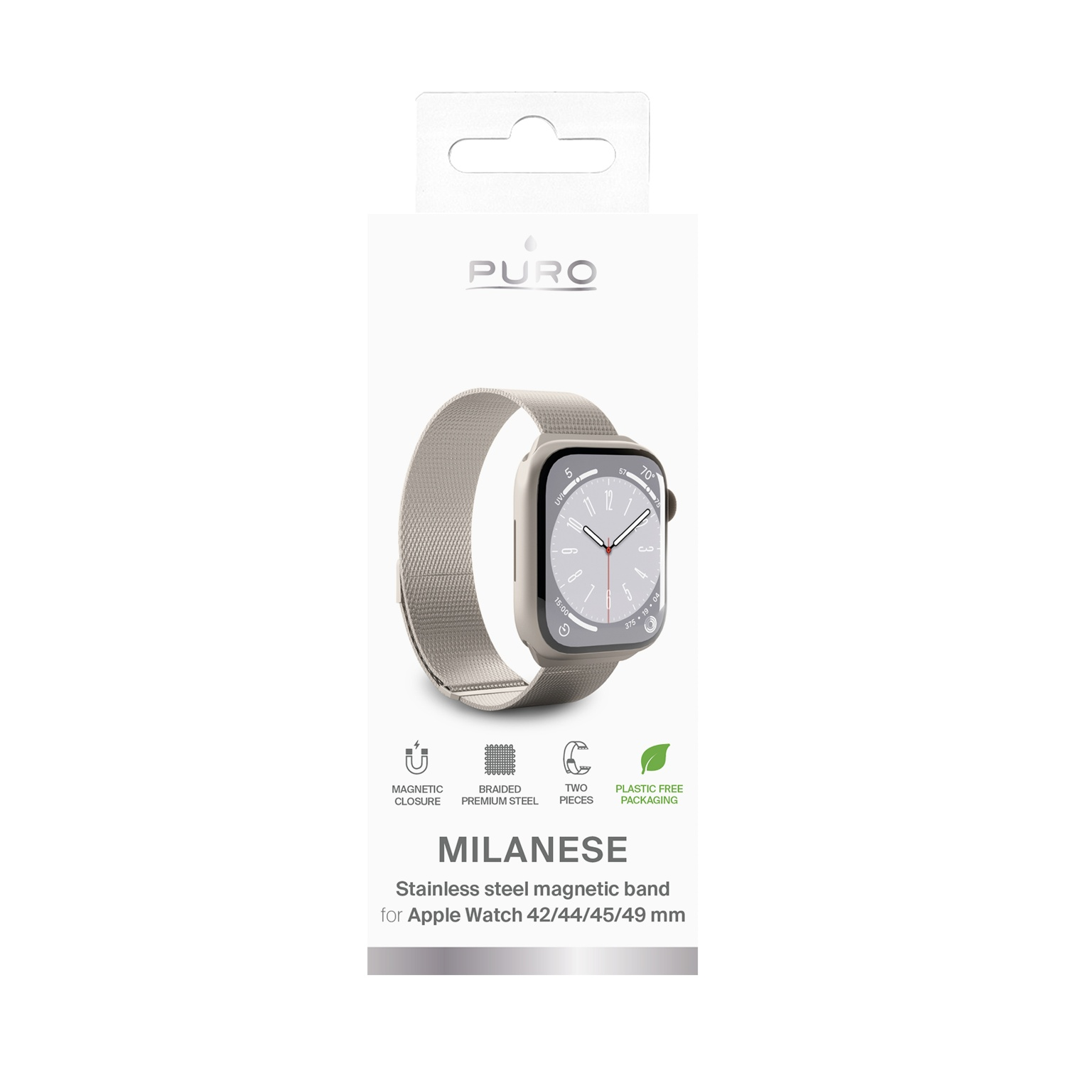 Un cinturino magnetico Milanese in acciaio inossidabile per un Apple Watch. L'imballaggio è visibile.