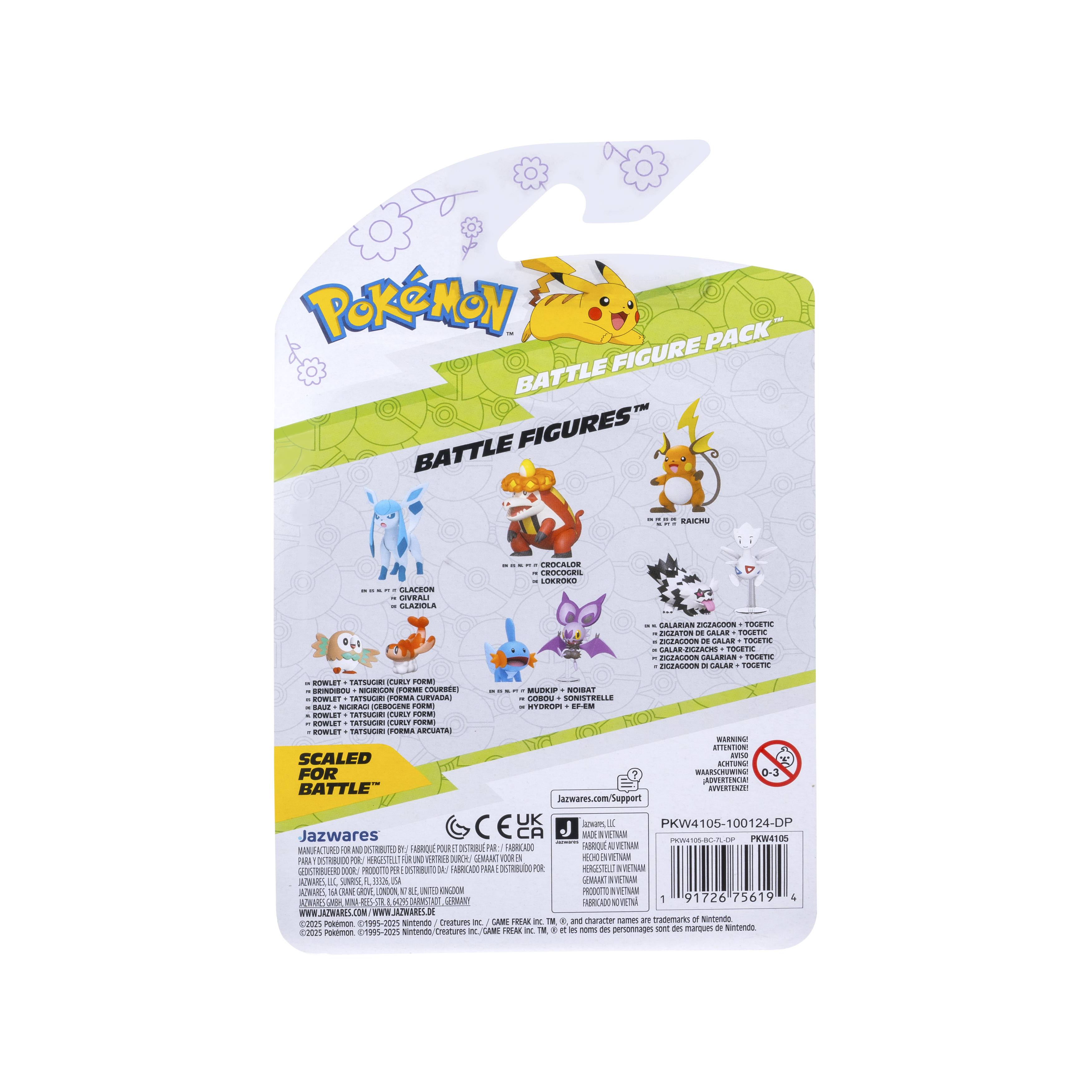 Rückseite einer Pokémon Battle Figure Pack mit verschiedenen Pokémon-Figuren und Text.