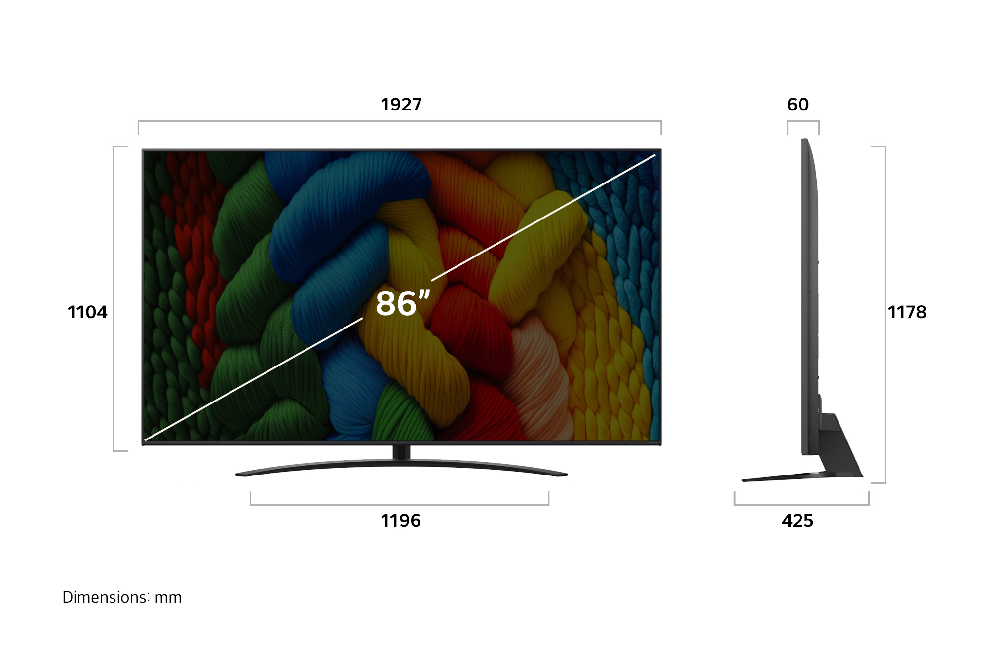Abmessungen eines 86-Zoll-Fernsehers, mit Höhe, Breite und anderen Maßen.