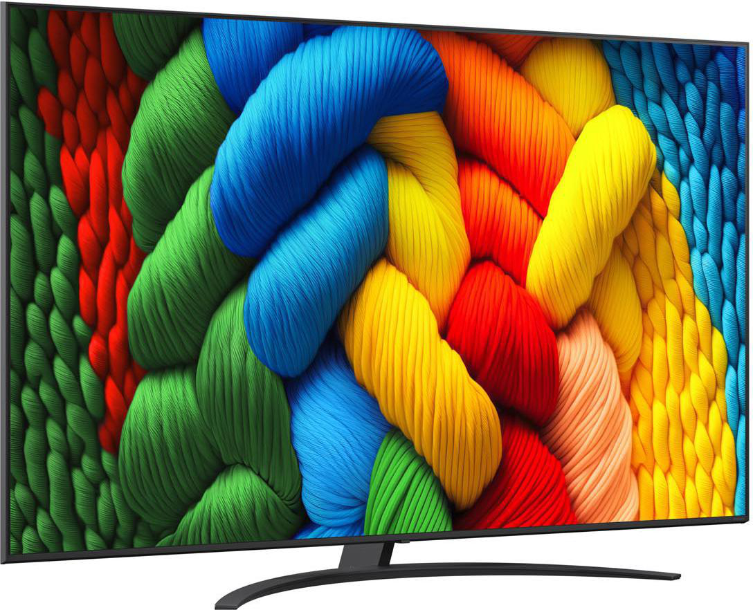 Ein großer Flachbildfernseher mit abstraktem Bild aus bunten Garnen.