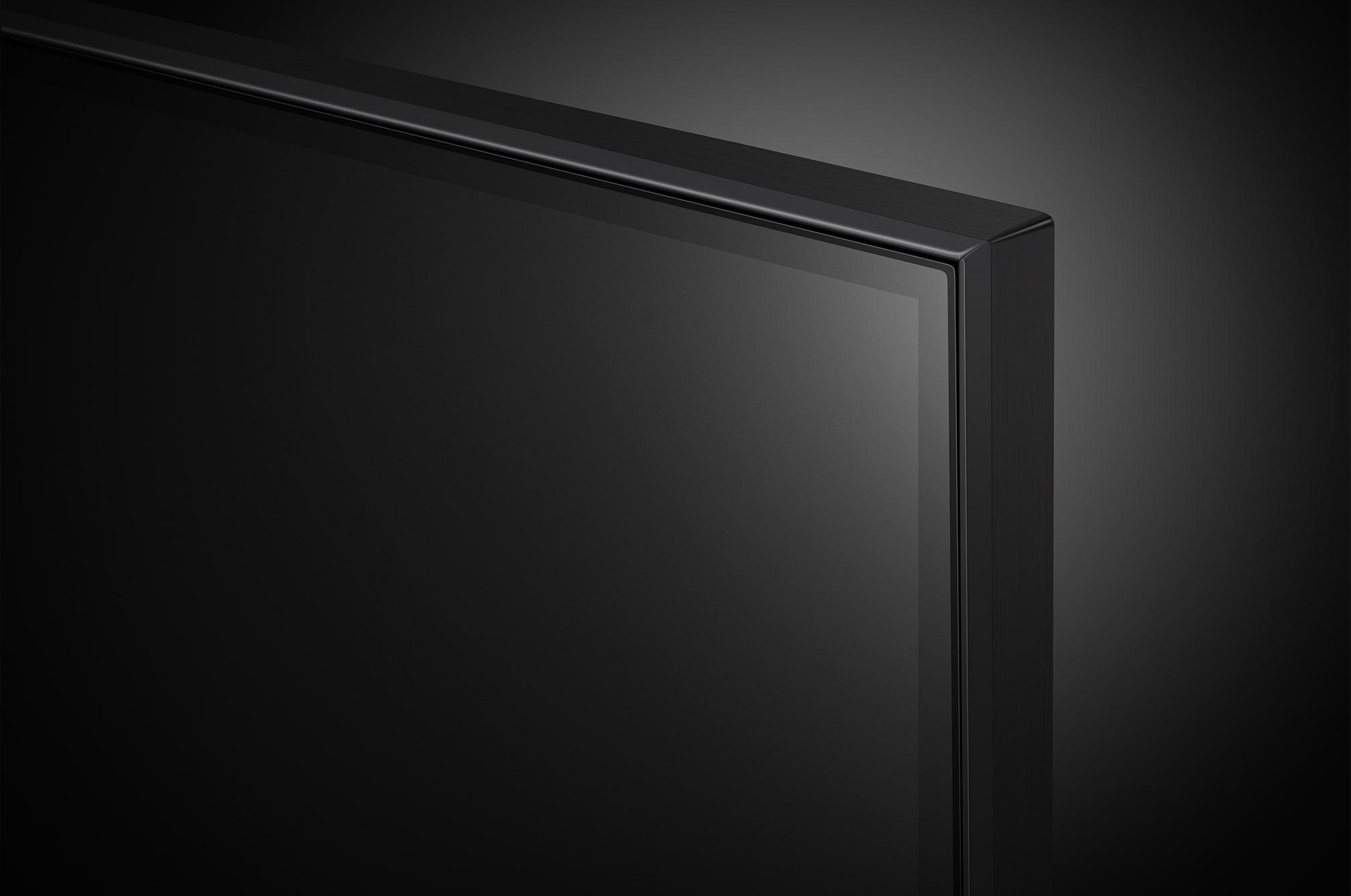 Nahaufnahme einer Ecke eines schwarzen Fernsehbildschirms, zeigt schlankes, minimalistisches Design, schwarzer Rahmen.