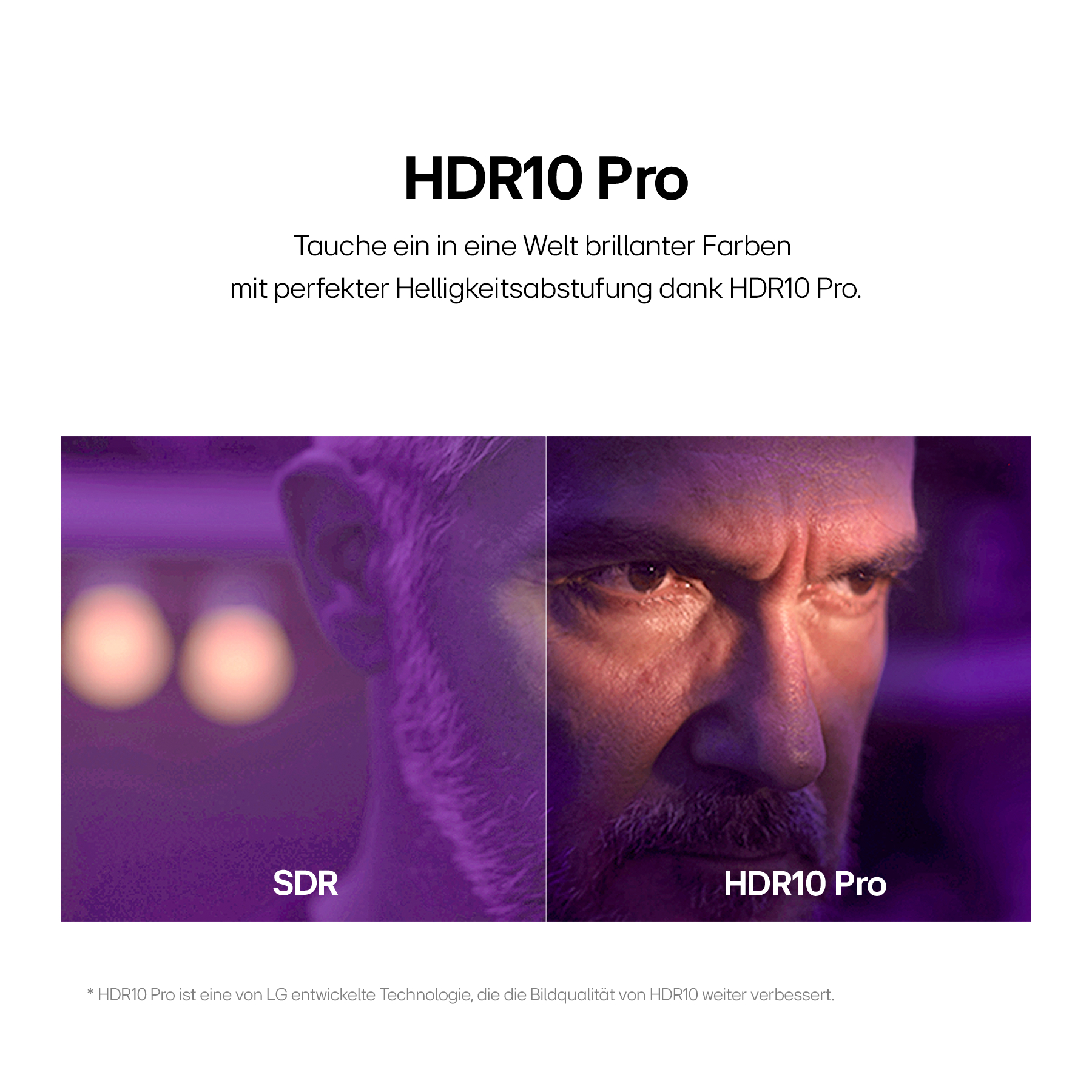 HDR10 Pro Vergleich: Gesicht eines Mannes mit SDR links und HDR10 Pro rechts.