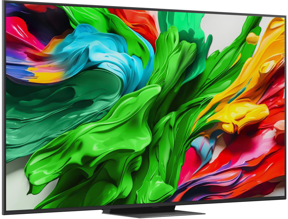 Ein großer Bildschirm-TV zeigt eine Farbexplosion, rot, grün, gelb und blau.