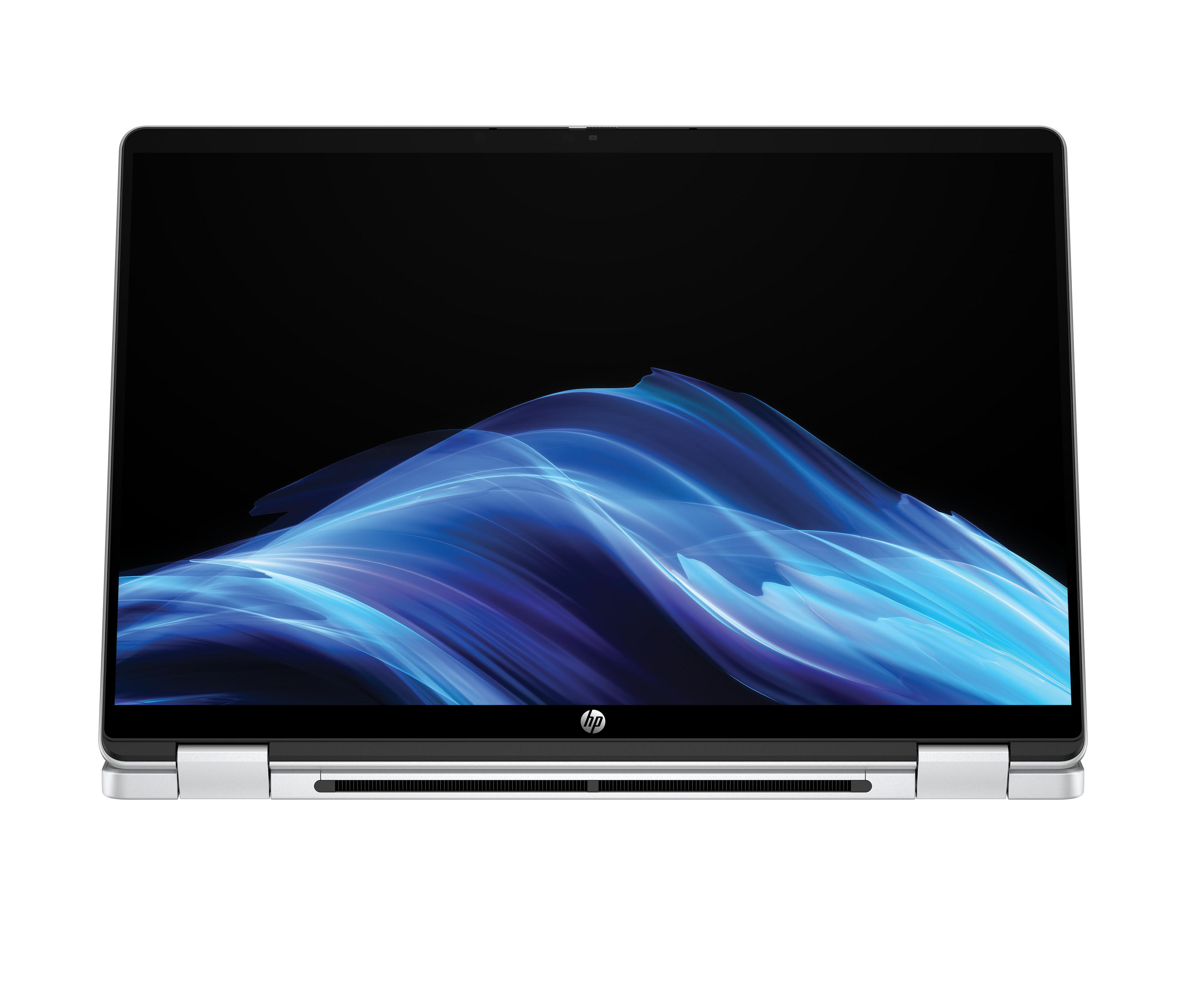 Ein Laptop mit einem blauen Wellendesign auf dem Bildschirm und einem weißen und silbernen Rahmen.