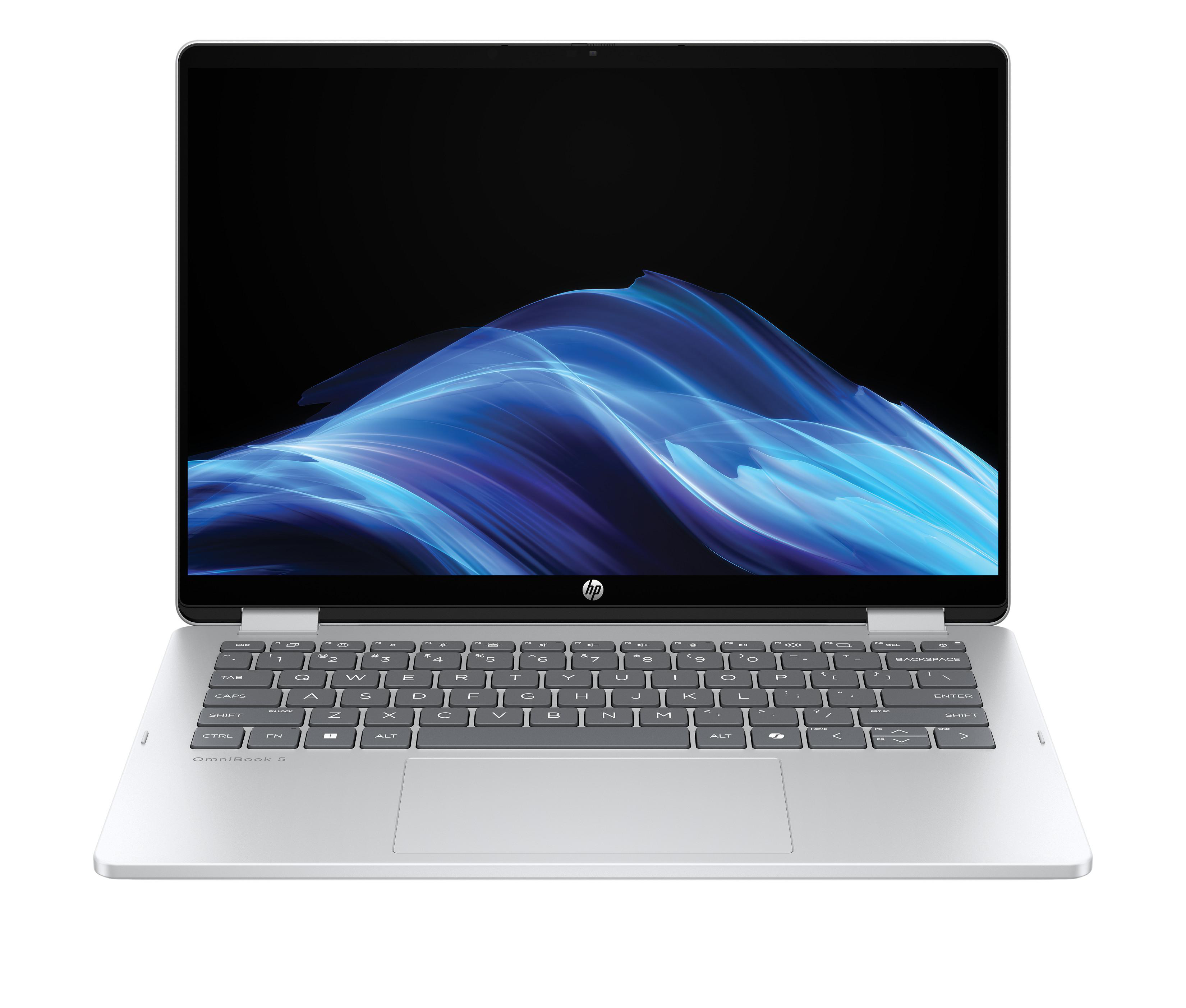 Silberner Laptop offen, schwarzer Bildschirm mit blauem Design. HP-Logo.