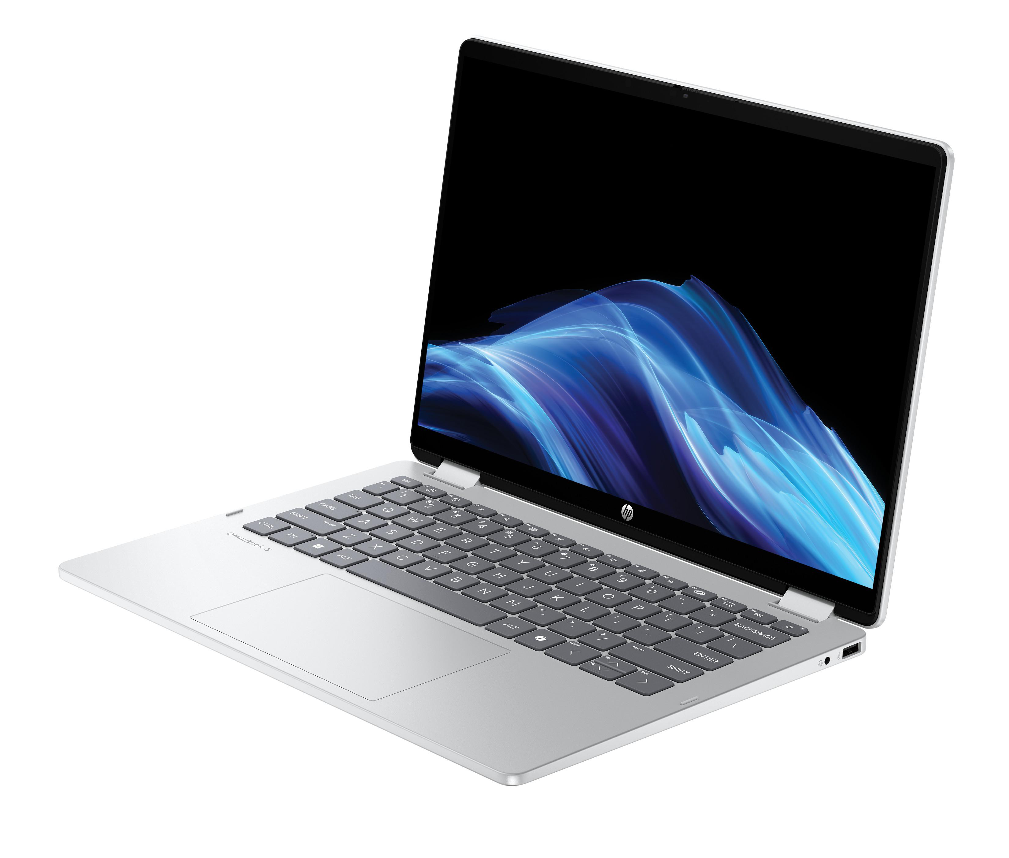 Silberner Laptop auf Weiß mit schwarzem Bildschirm.