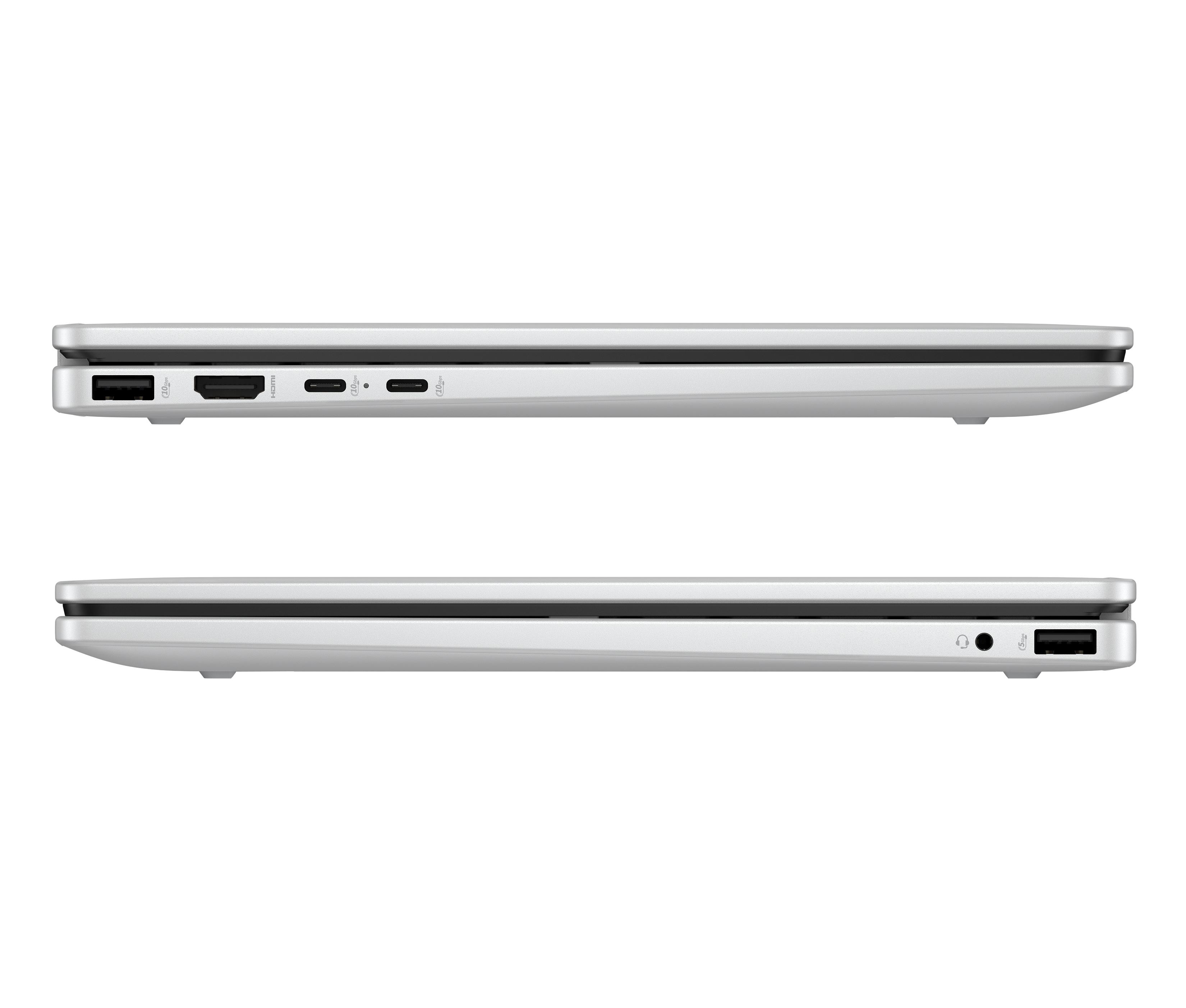 Nahaufnahme der Seiten eines silbernen Laptops. Zeigt Anschlüsse, einschließlich USB-C, HDMI und Kopfhöreranschluss.