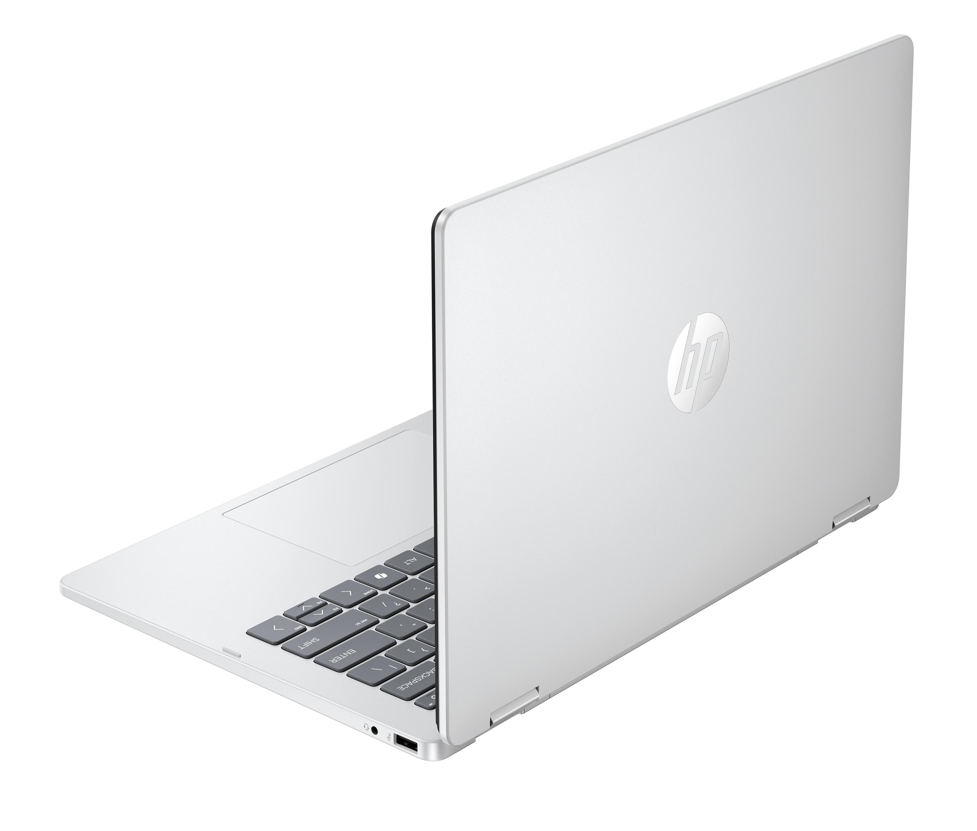Ein silberner Laptop, in einem Winkel geöffnet, zeigt die Tastatur und das HP-Logo auf der Rückseite.