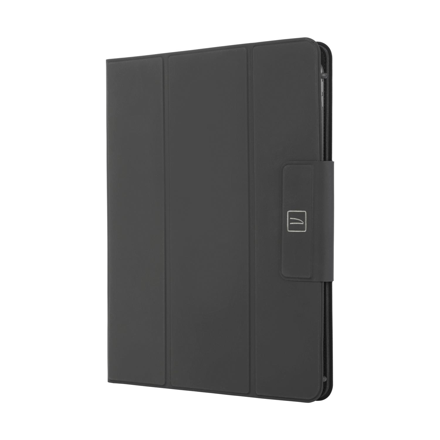 Una custodia per tablet grigio scuro con patta e chiusura.
