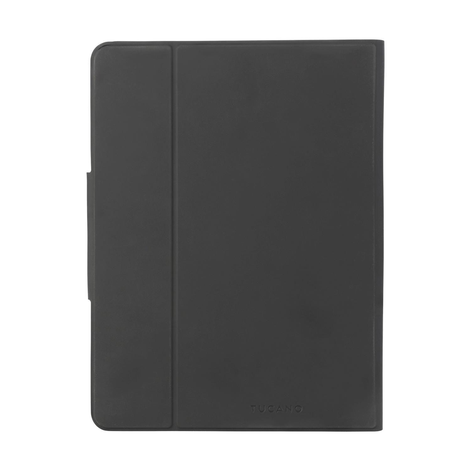 Custodia per tablet nera con patta e il marchio 'TUCANO'.