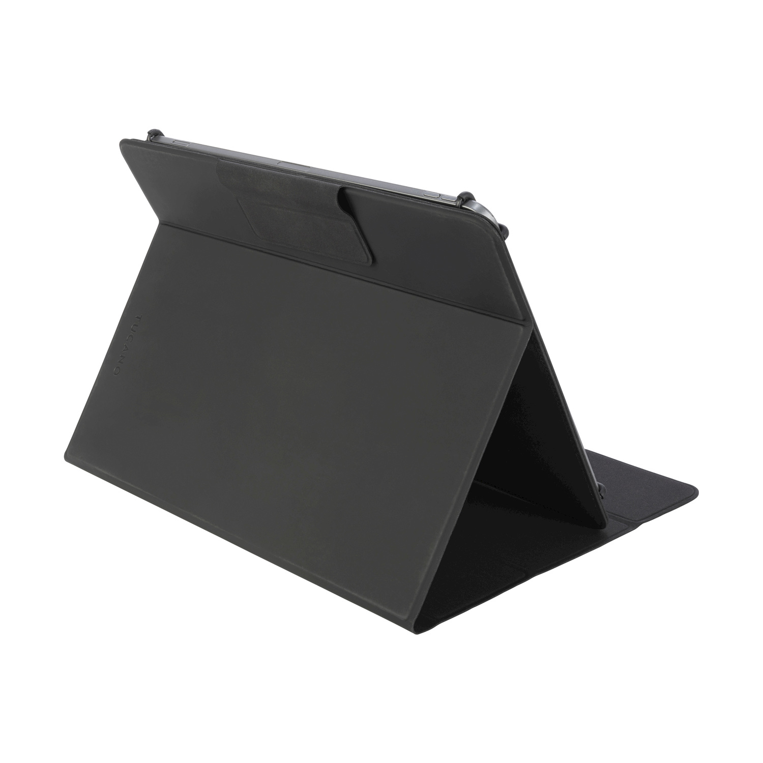 Una custodia per tablet nera con supporto, su sfondo bianco.