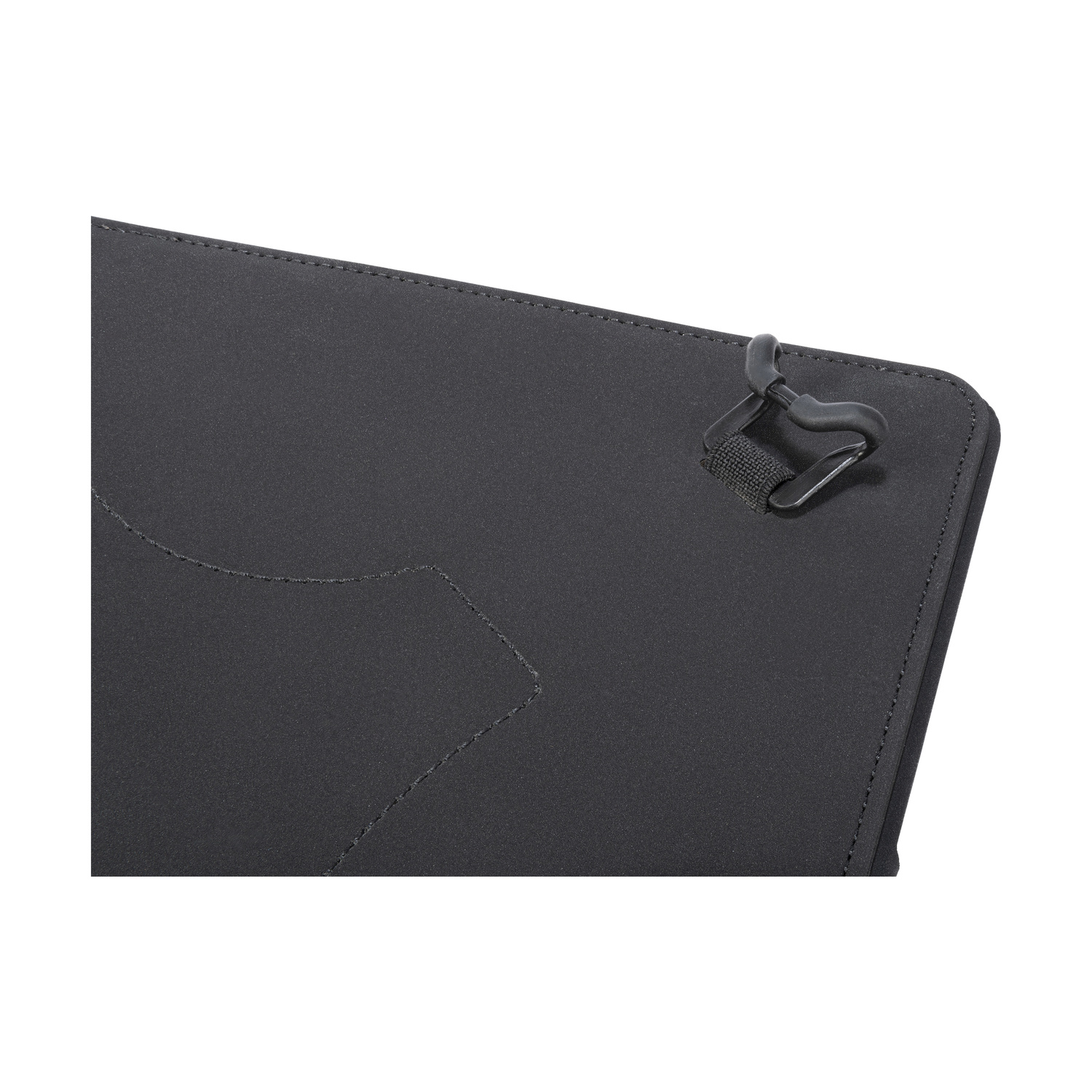 Primo piano di una custodia per tablet nera, strutturata, con anello e chiusura.