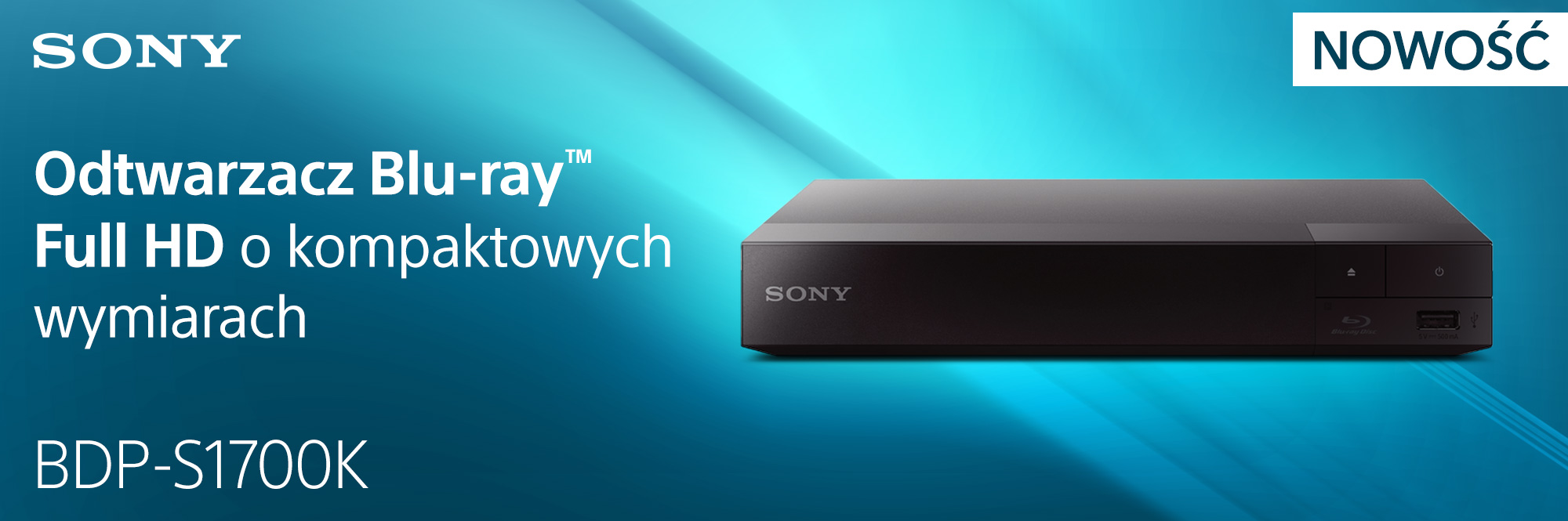 Odtwarzacz Blu-ray Sony. Czarny, tekst i niebieskie tło.