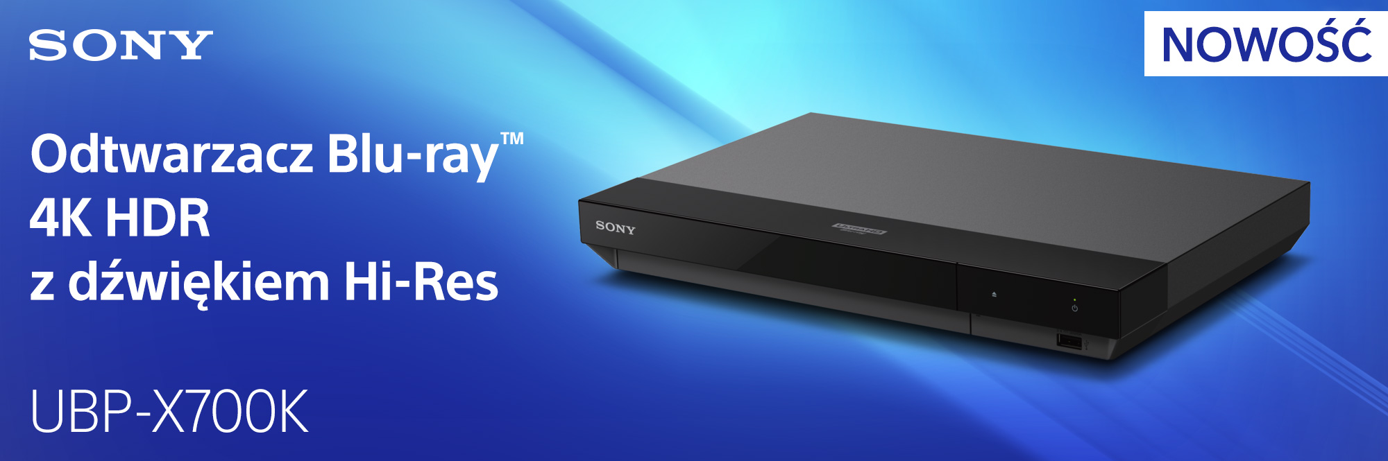 Odtwarzacz Blu-ray z tekstem w języku polskim. Odtwarzacz jest czarny, a tło niebieskie.
