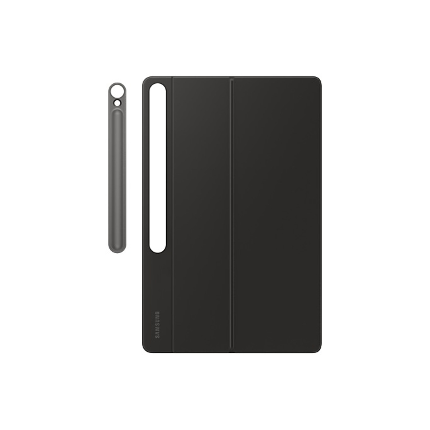 Black tablet case with stylus, on white background.