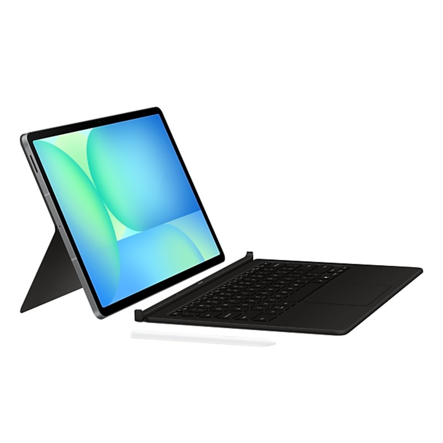 iPad Pro with keyboard and pencil, on a white background.