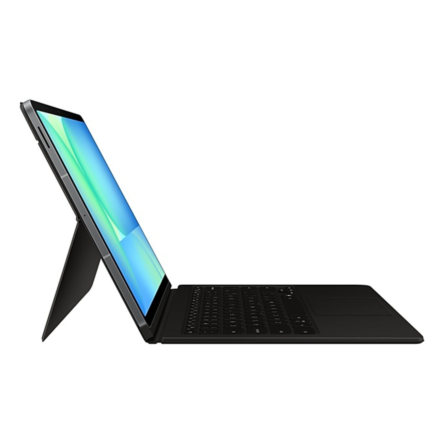 Black tablet with attached keyboard and kickstand, screen displaying a blue image.