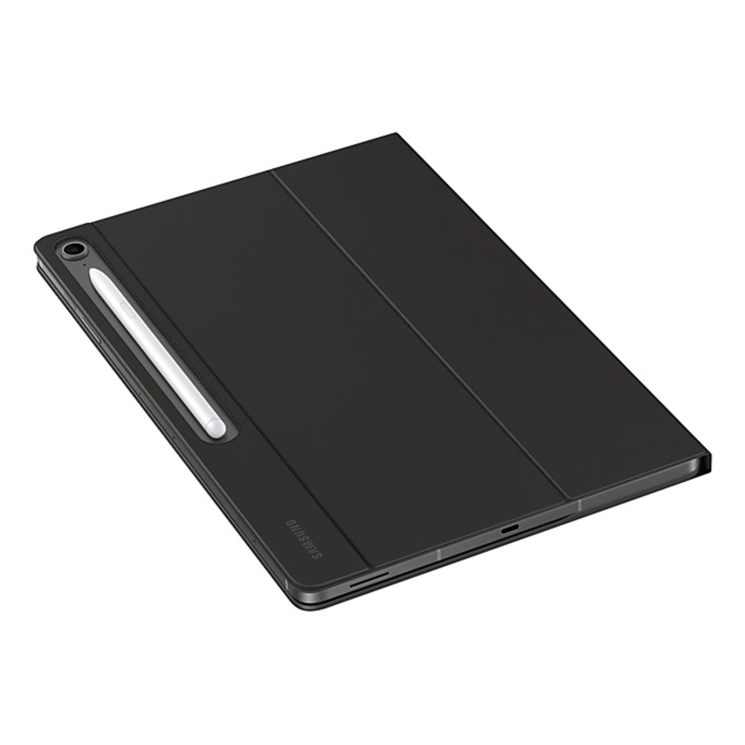 A black tablet cover, with a white stylus pen inserted in a side slot.