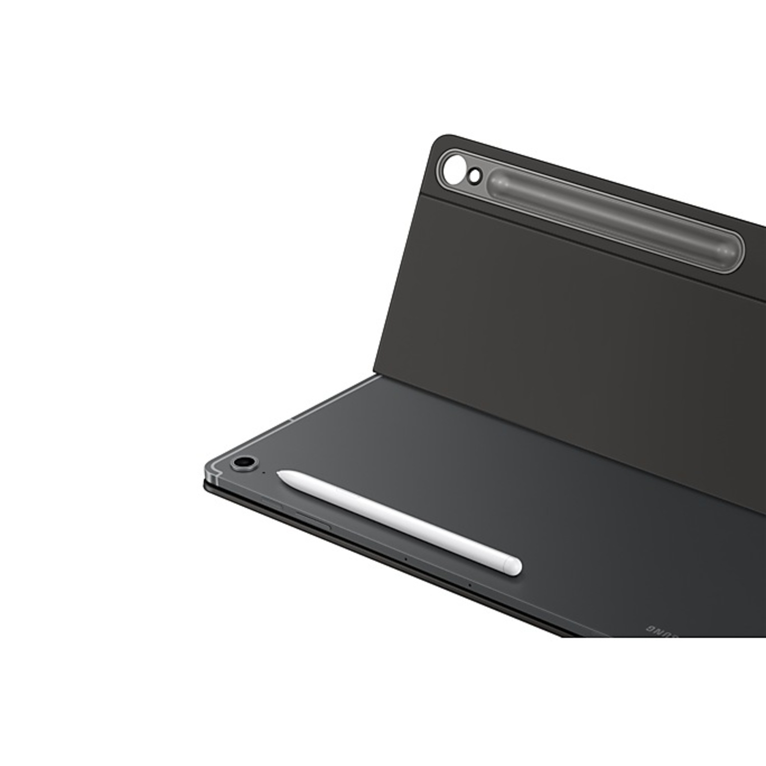 Tablet with a stylus. The tablet is black. The stylus is white. The background is white.
