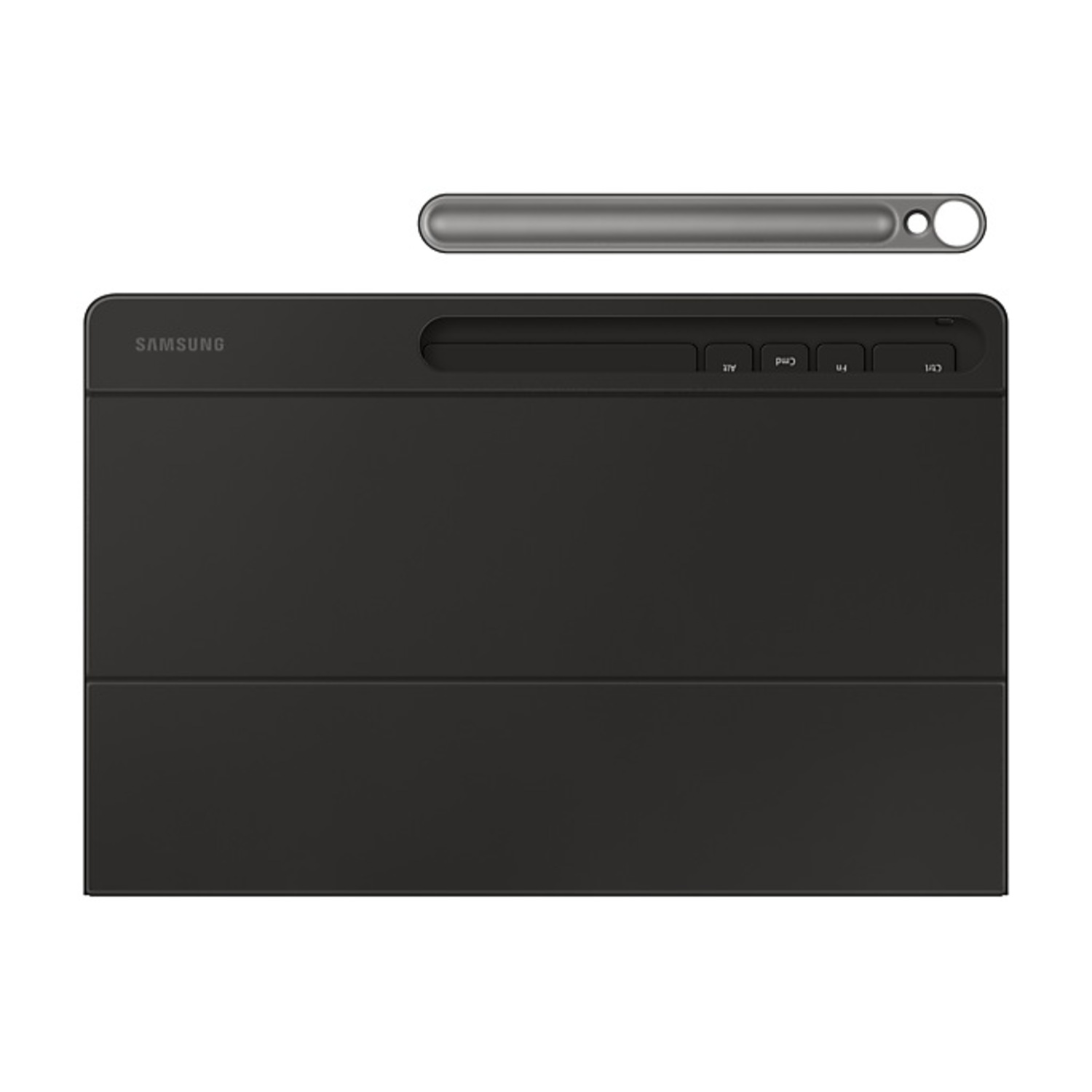 Black Samsung keyboard cover with a pen holder. The keyboard is closed, and the pen sits on top.