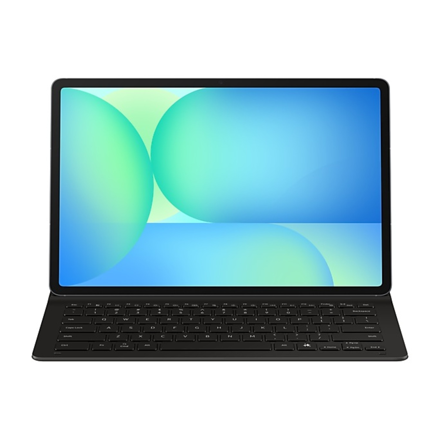 A tablet with a keyboard is open, the screen displays a blue and green abstract background.