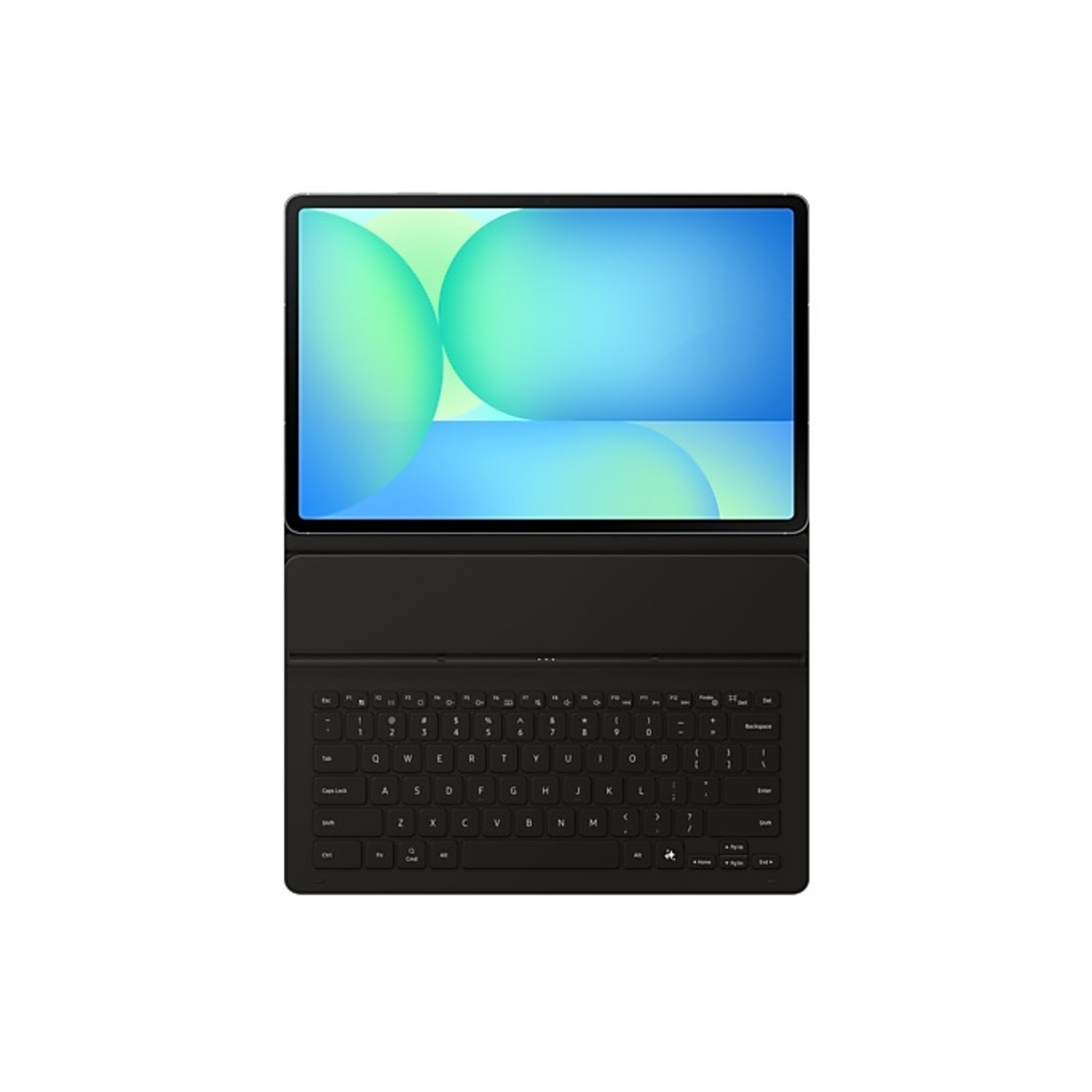 A black tablet with a keyboard attached, showing the screen and keyboard keys.
