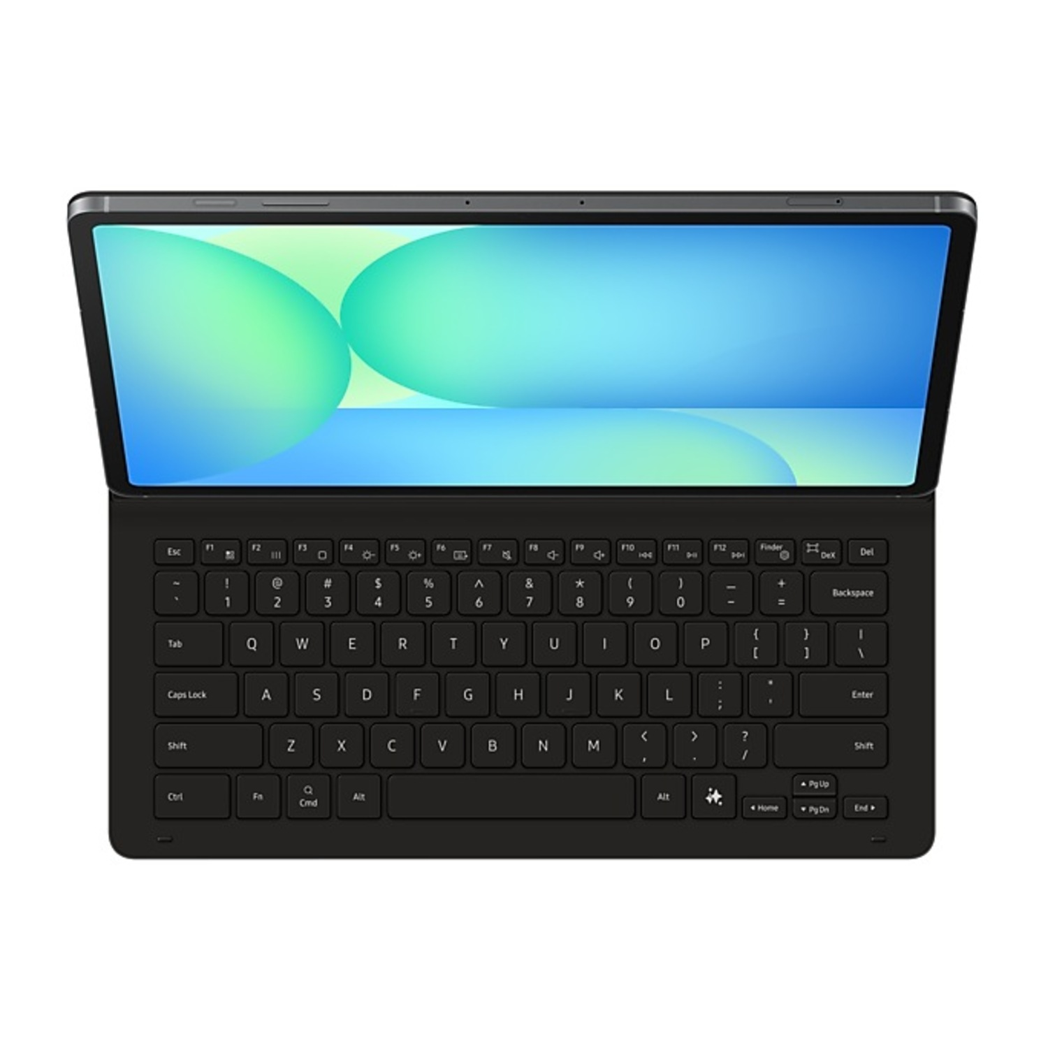 A black tablet with a keyboard, open on a white background. The screen displays a blue and green design.