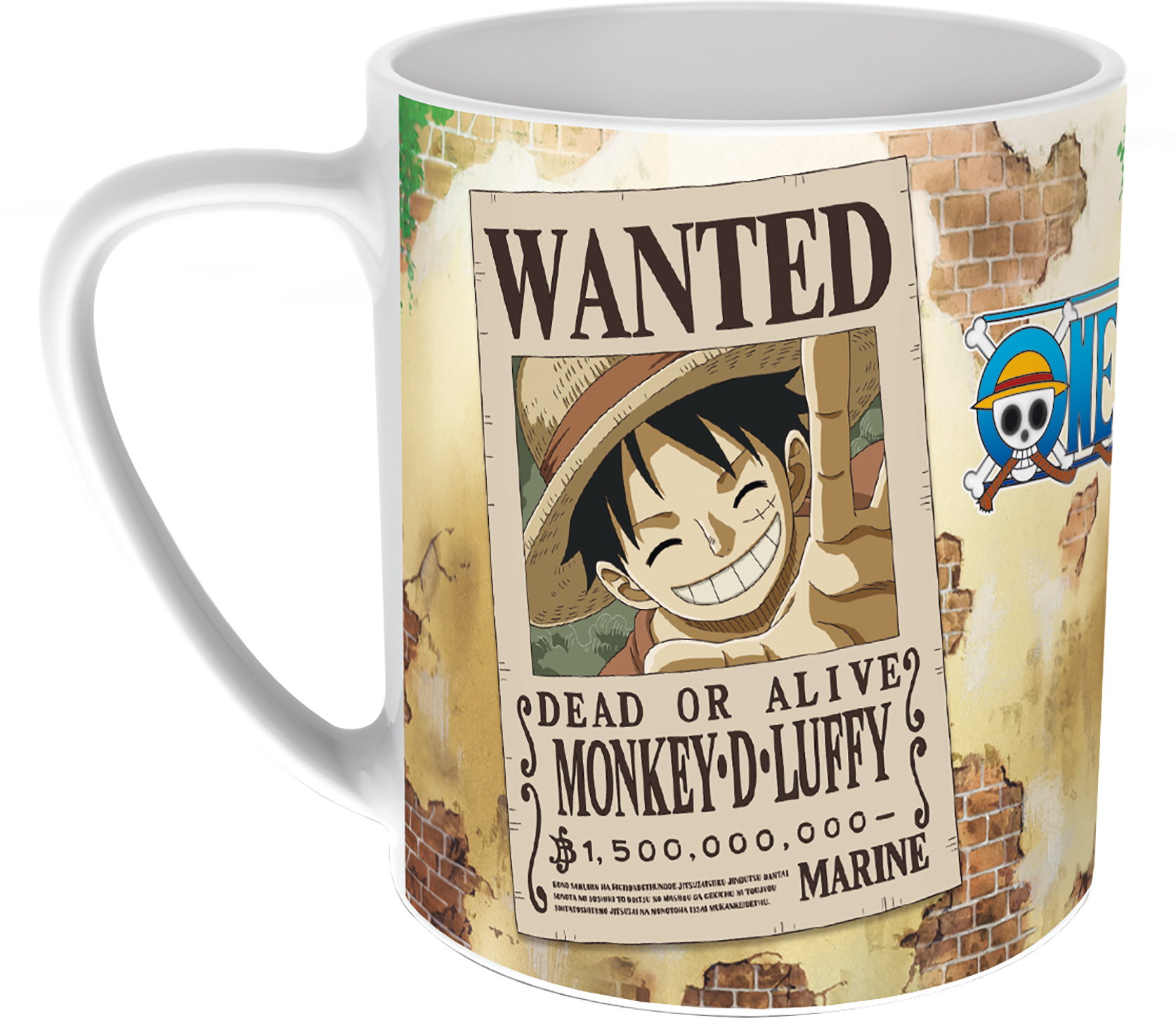 Eine weiße Tasse mit einem Fahndungsplakat von Monkey D. Luffy aus One Piece. Der Hintergrund ist eine Ziegelmauer.